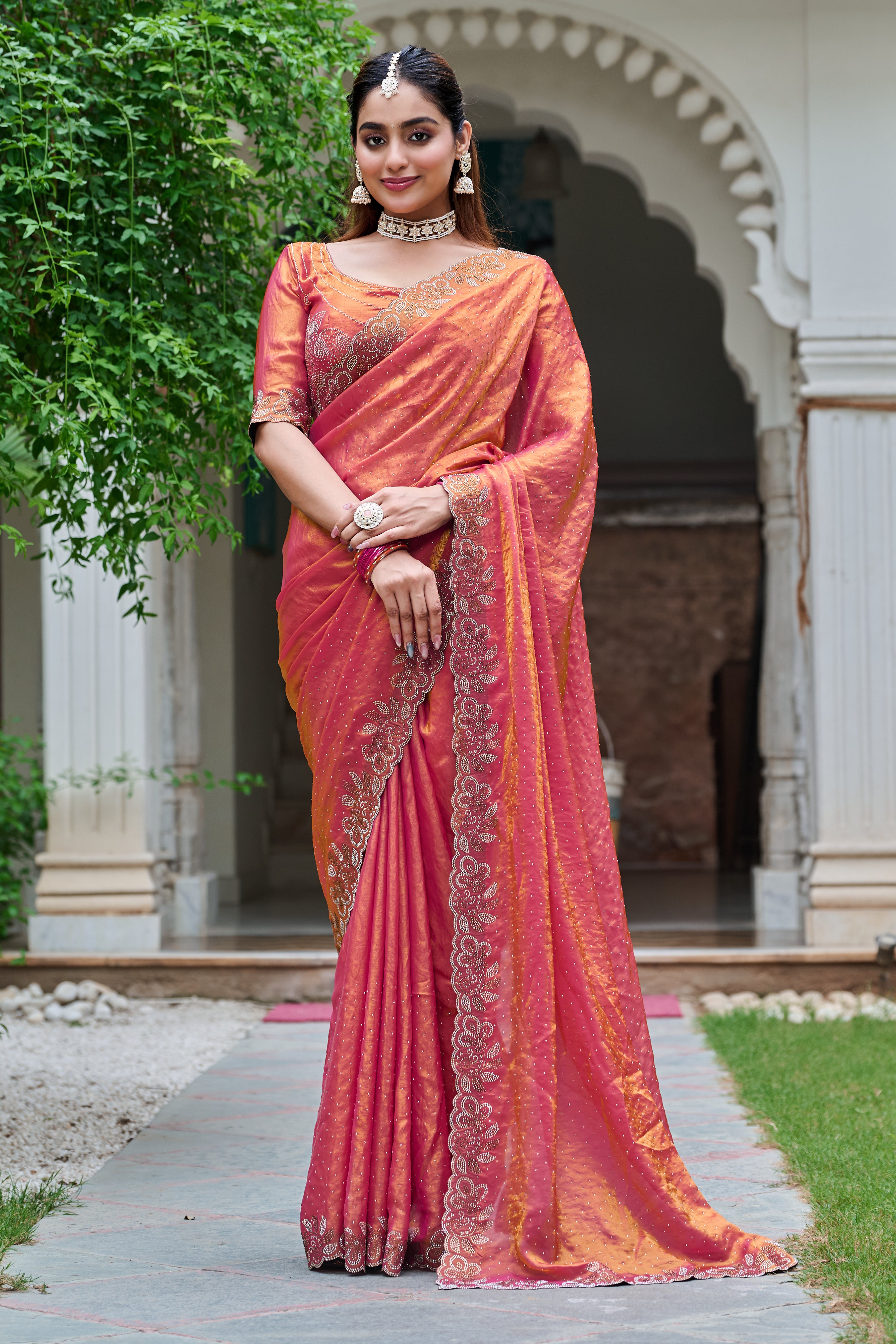 Haimavati rust orange pure fendy silk diamond work saree