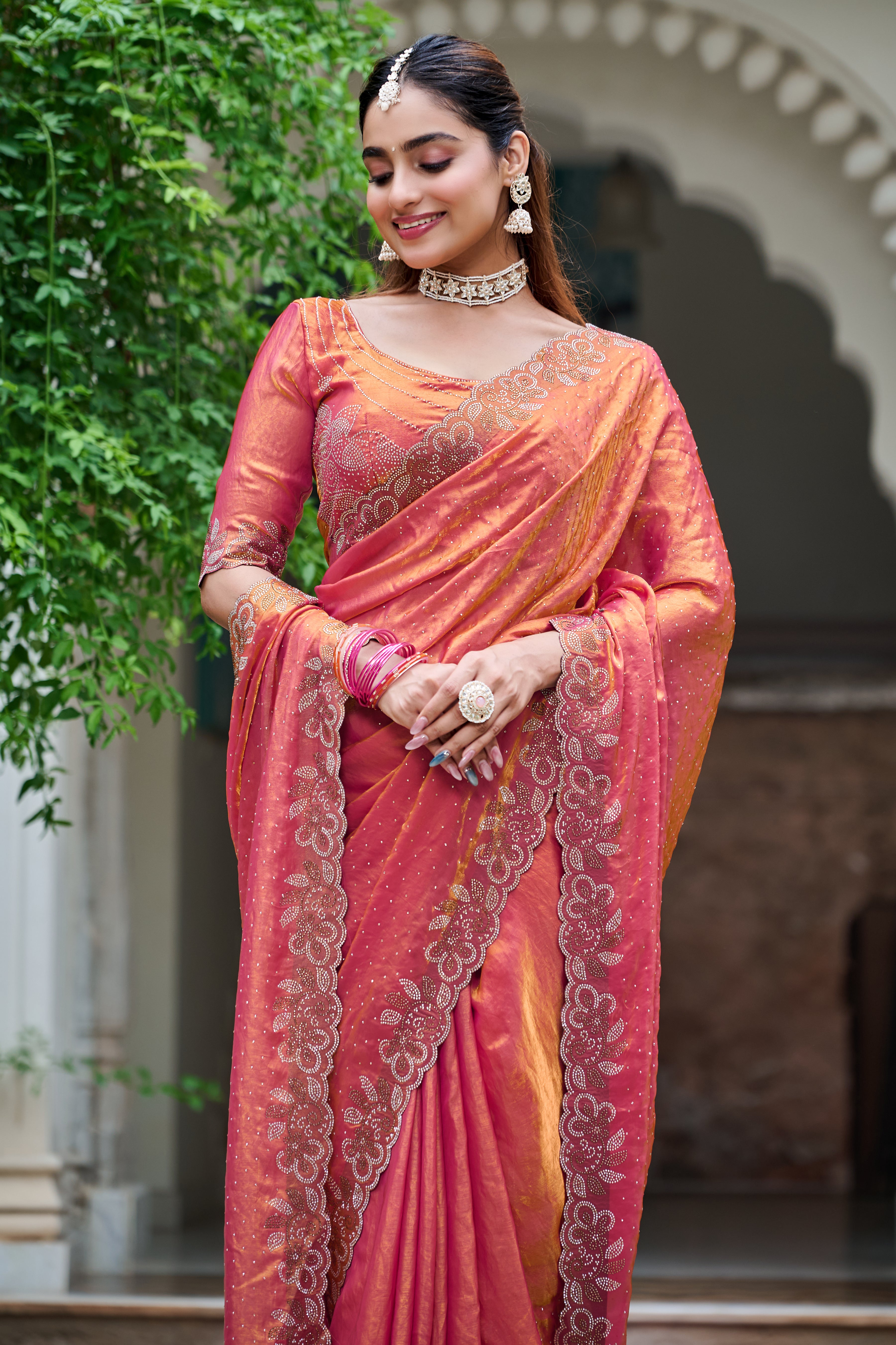 Haimavati rust orange pure fendy silk diamond work saree