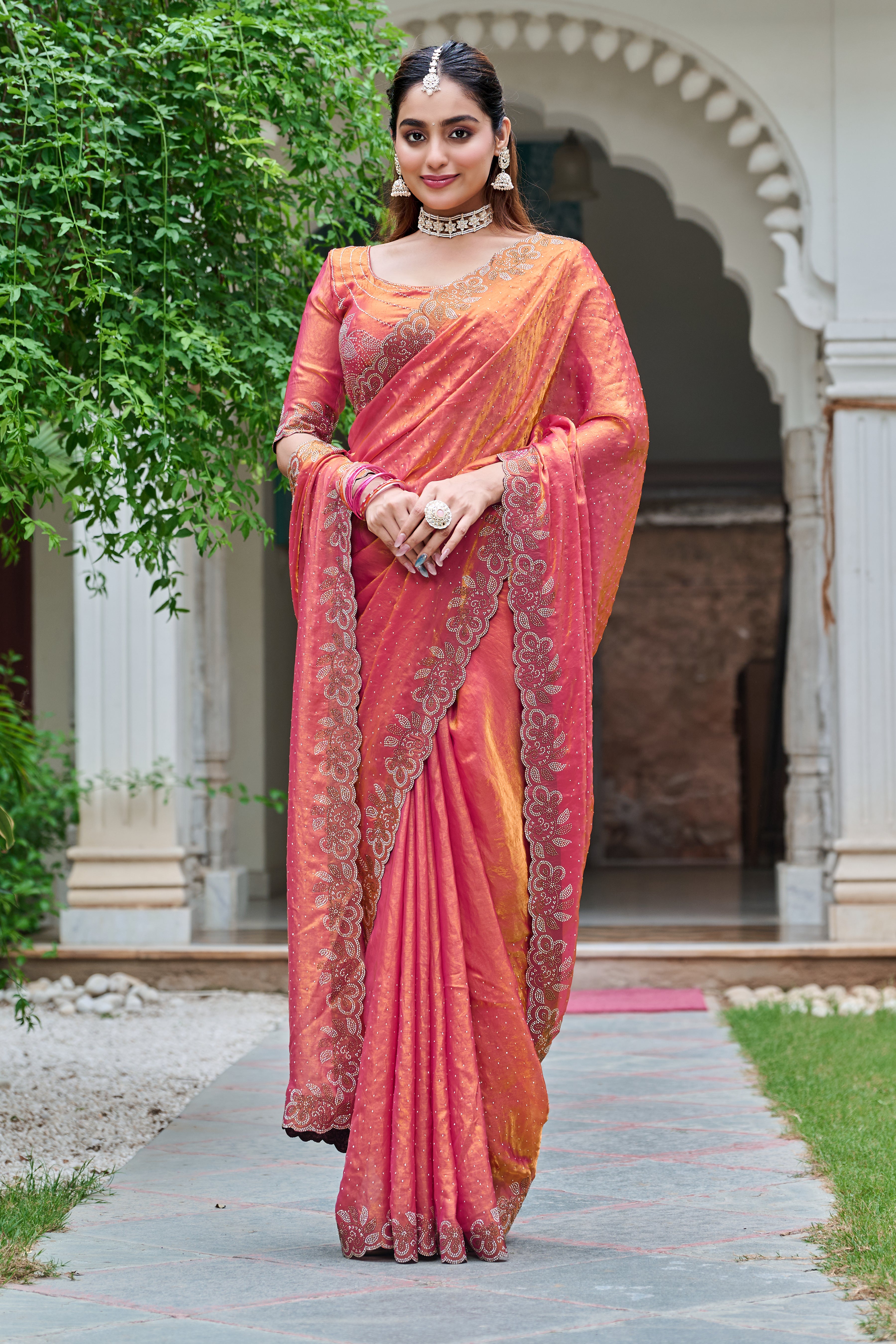 Haimavati rust orange pure fendy silk diamond work saree