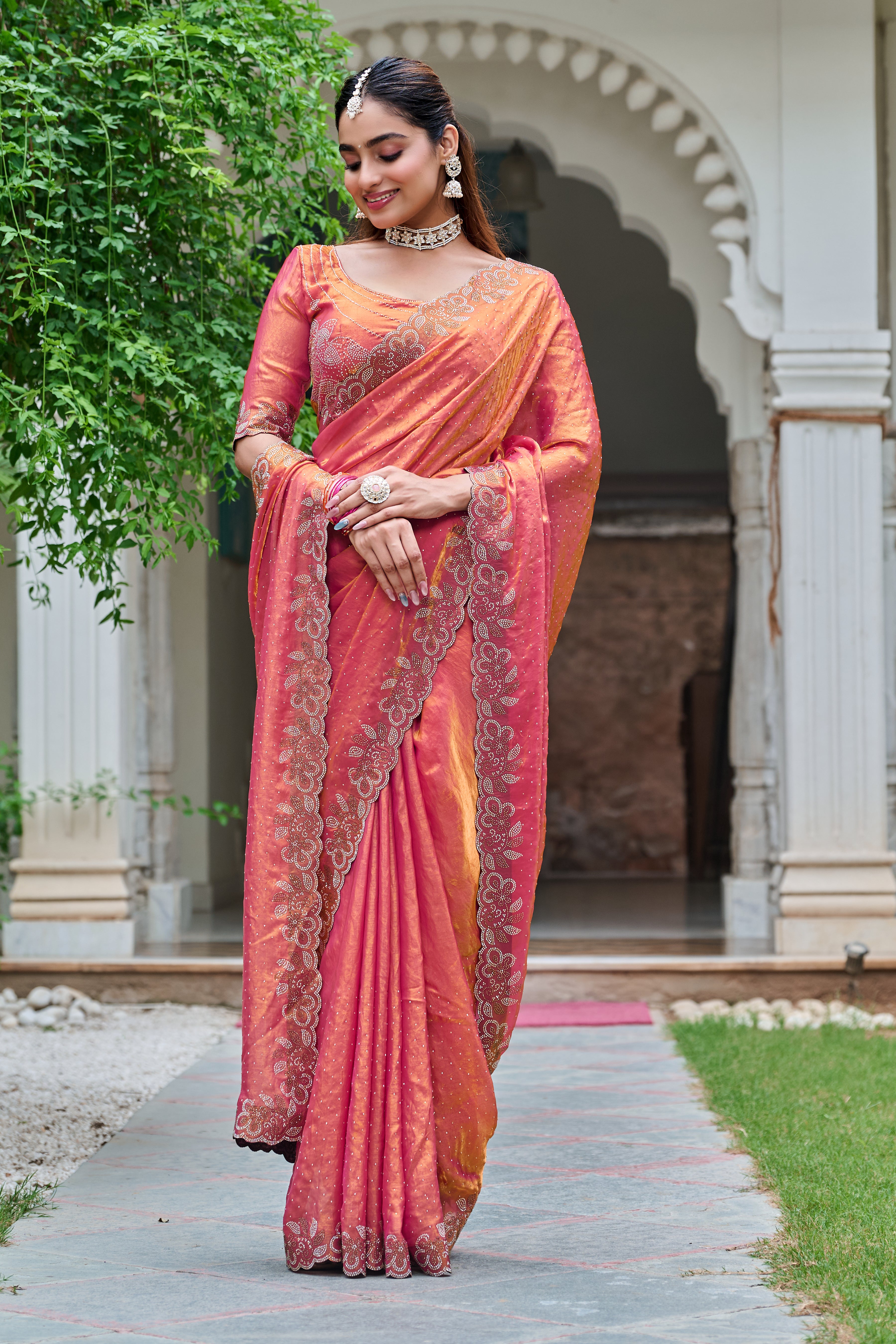 Haimavati rust orange pure fendy silk diamond work saree