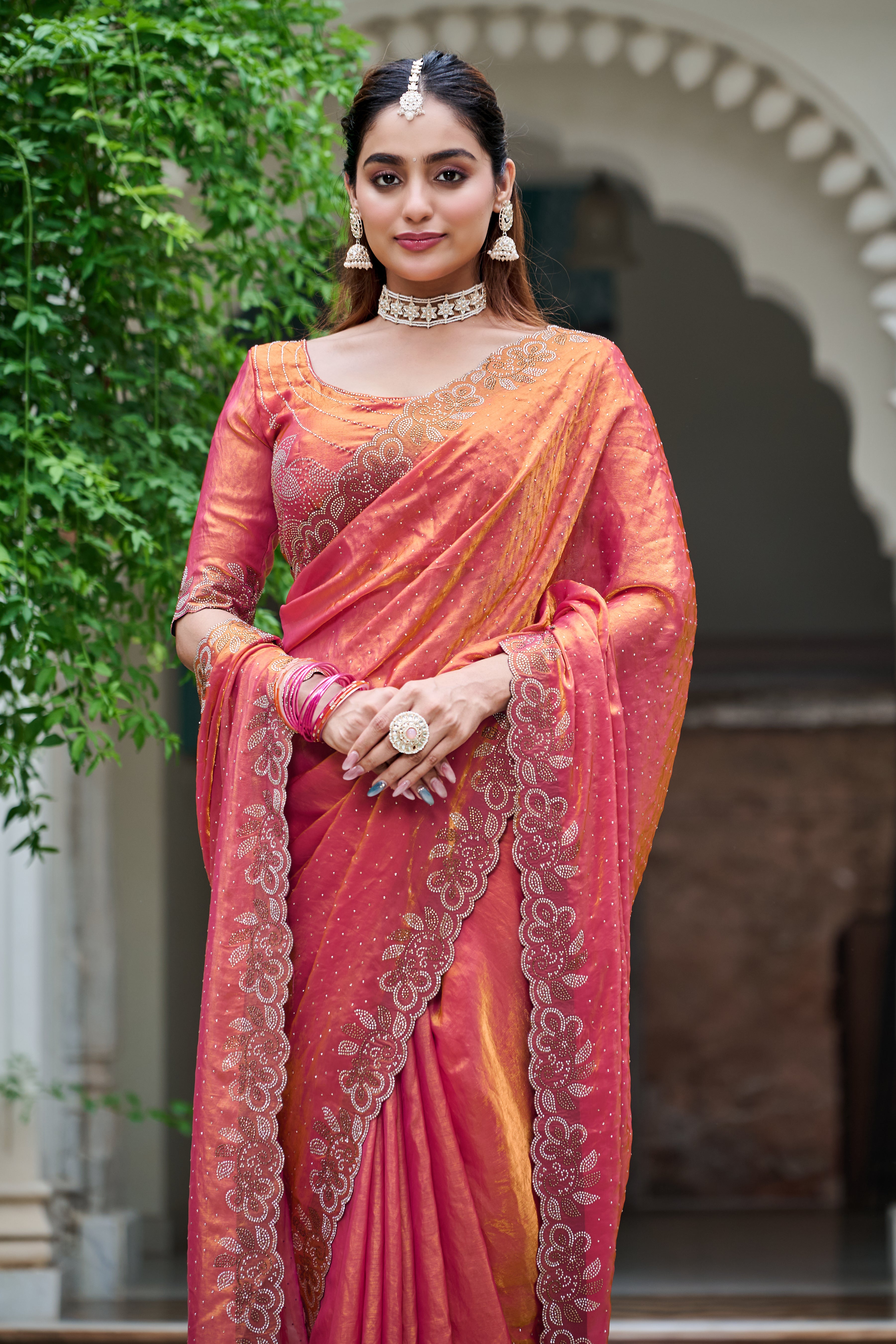 Haimavati rust orange pure fendy silk diamond work saree
