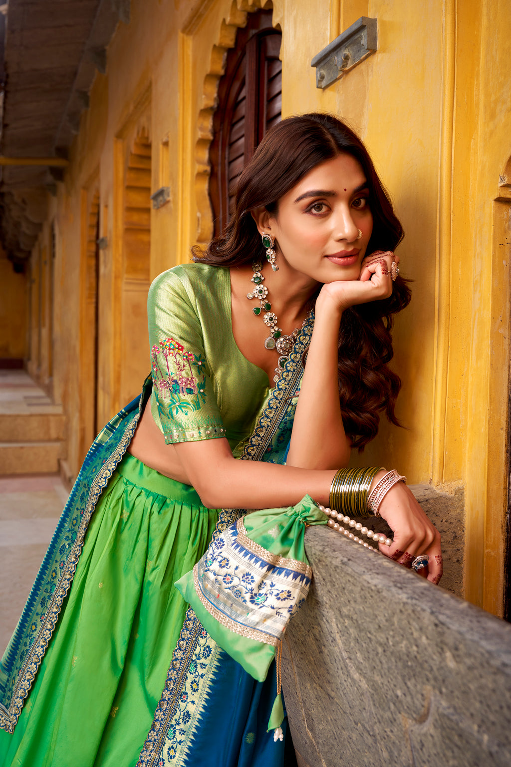 Hamsini Parrot Green Soft Silk with Zari Embroidered Work Paithani Lehenga Choli
