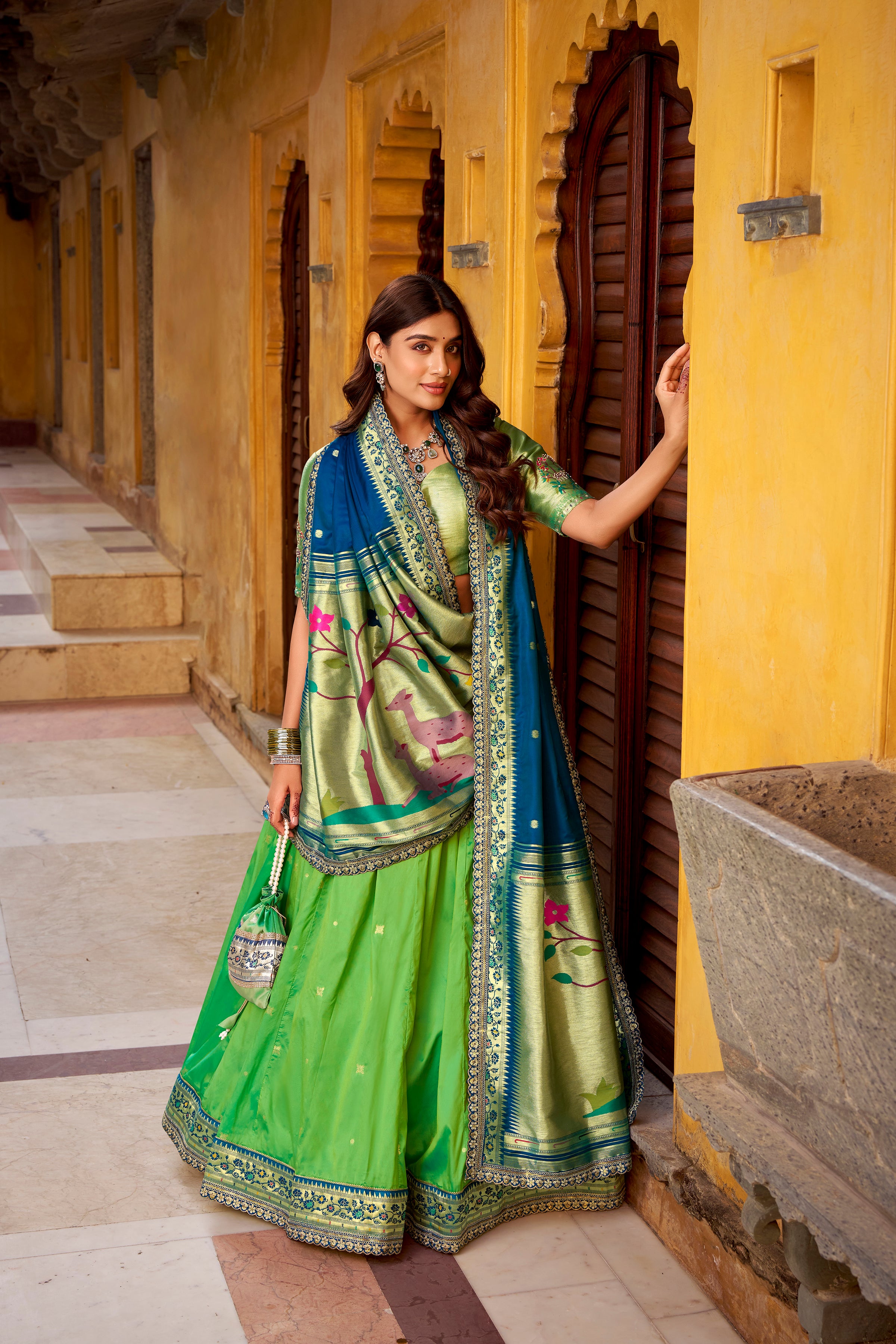 Hamsini Parrot Green Soft Silk with Zari Embroidered Work Paithani Lehenga Choli