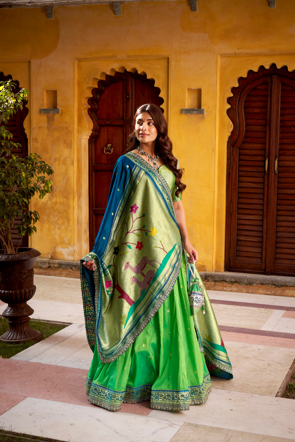 Hamsini Parrot Green Soft Silk with Zari Embroidered Work Paithani Lehenga Choli