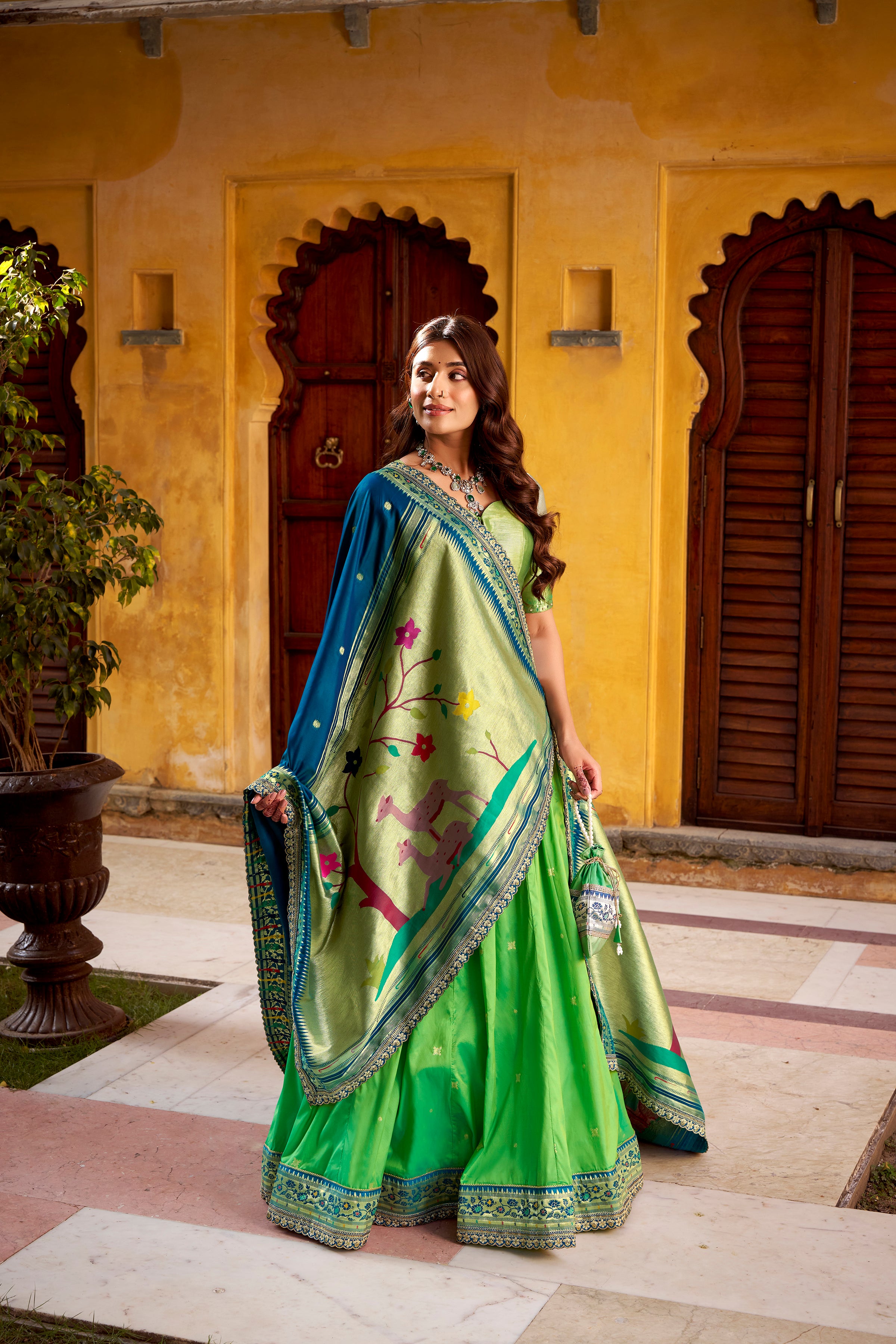 Hamsini Parrot Green Soft Silk with Zari Embroidered Work Paithani Lehenga Choli
