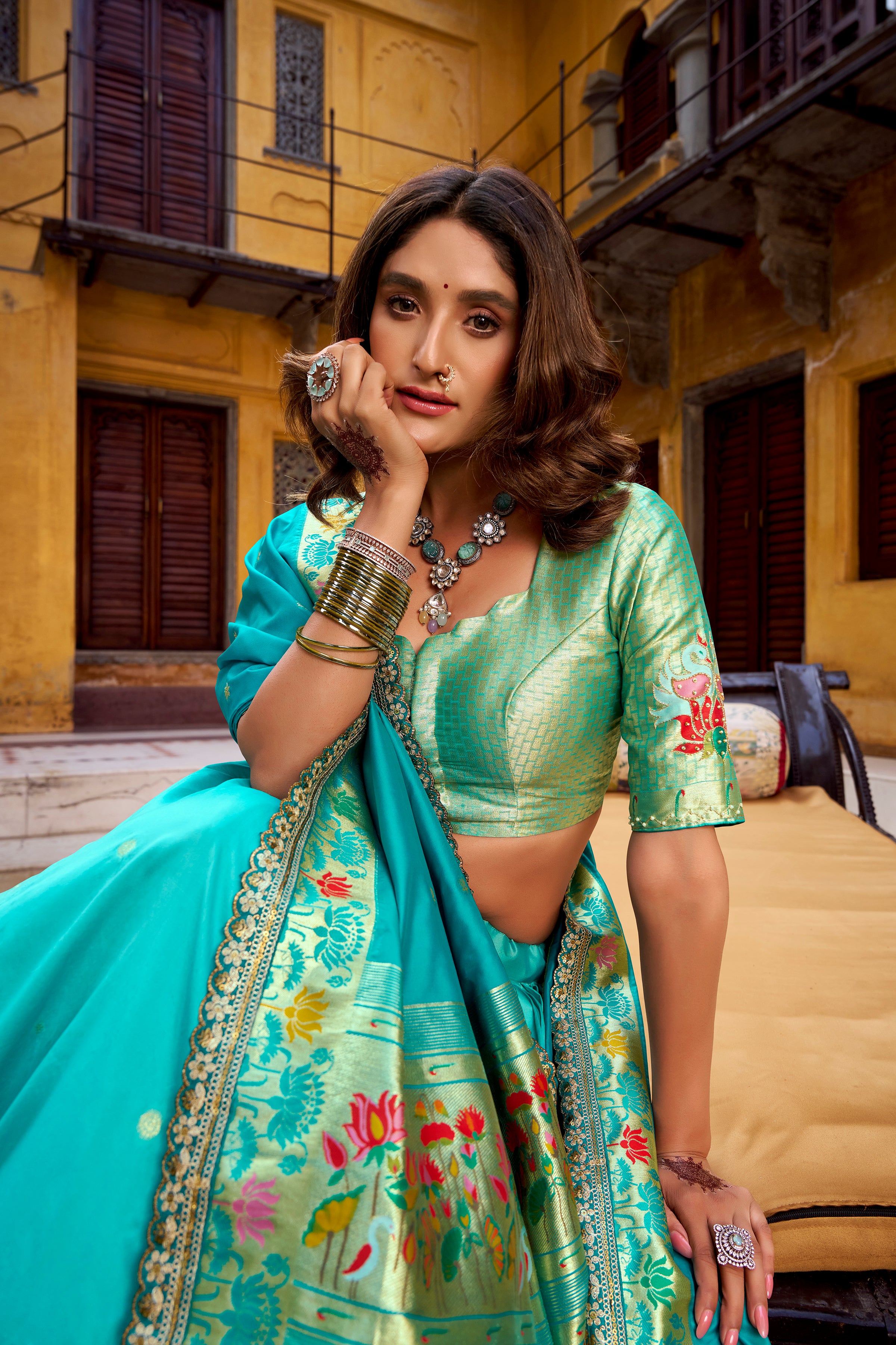 Hamsini Sky Blue Soft Silk with Zari Embroidered Work Paithani Lehenga Choli