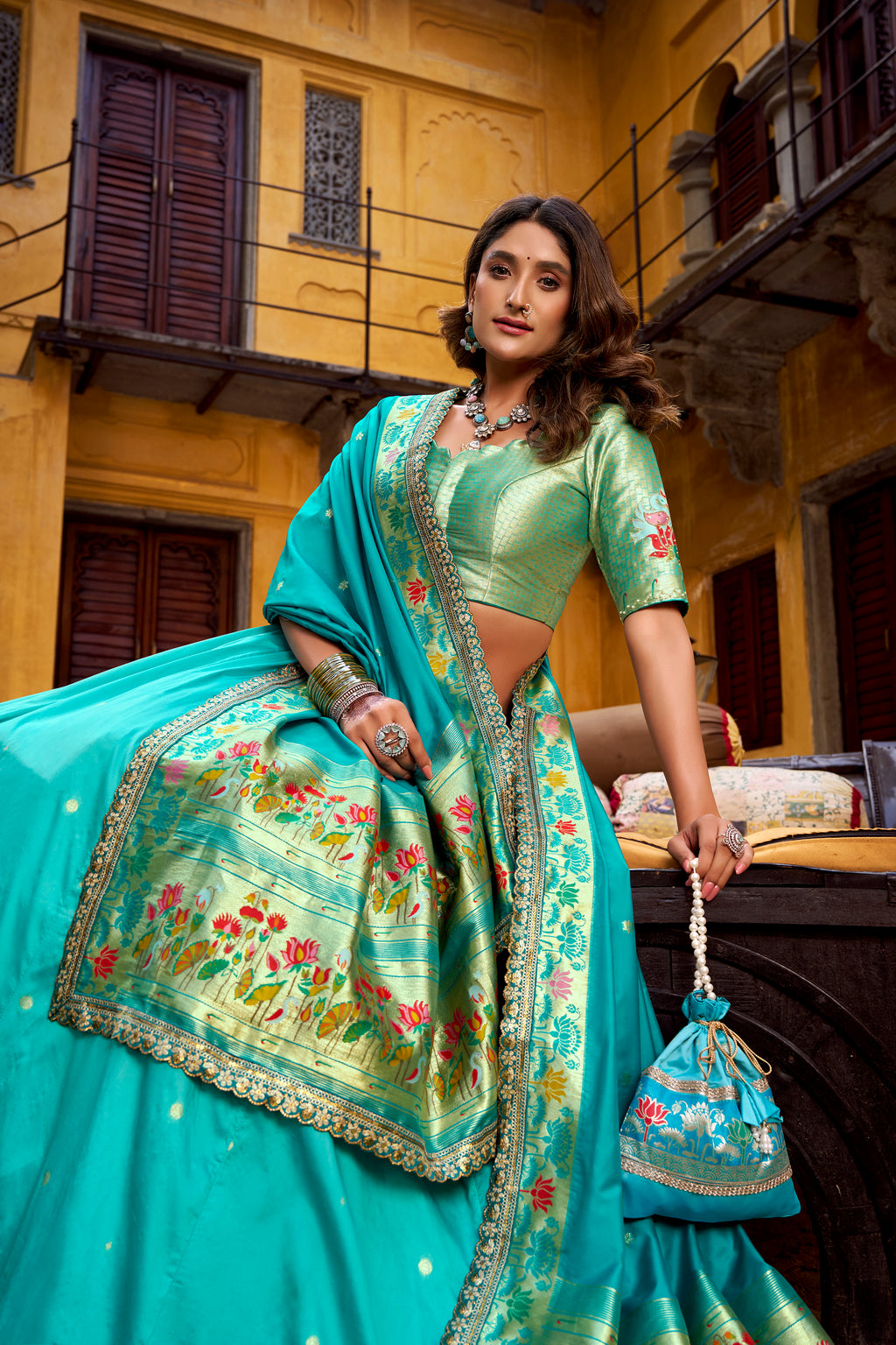 Hamsini Sky Blue Soft Silk with Zari Embroidered Work Paithani Lehenga Choli