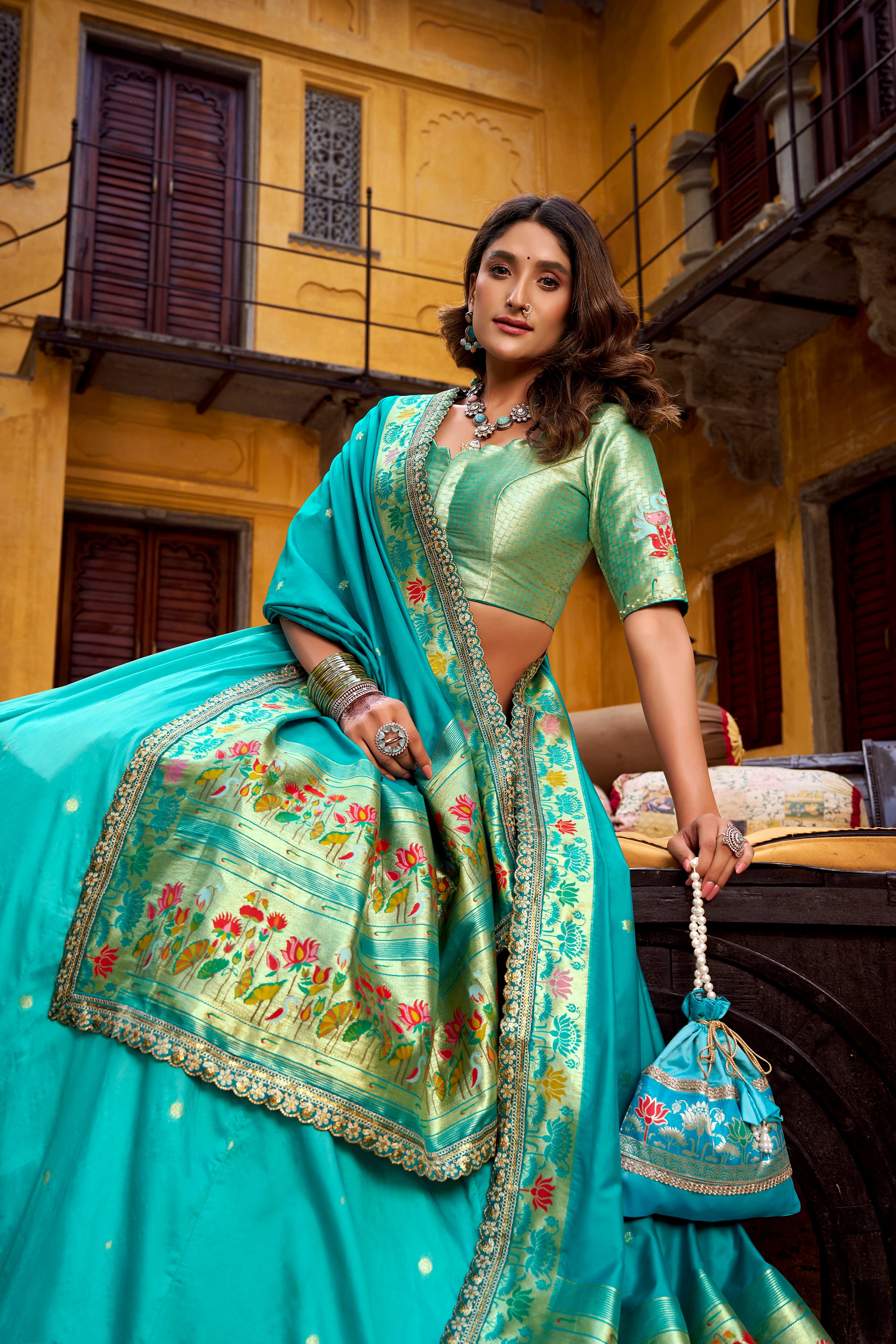 Hamsini Sky Blue Soft Silk with Zari Embroidered Work Paithani Lehenga Choli