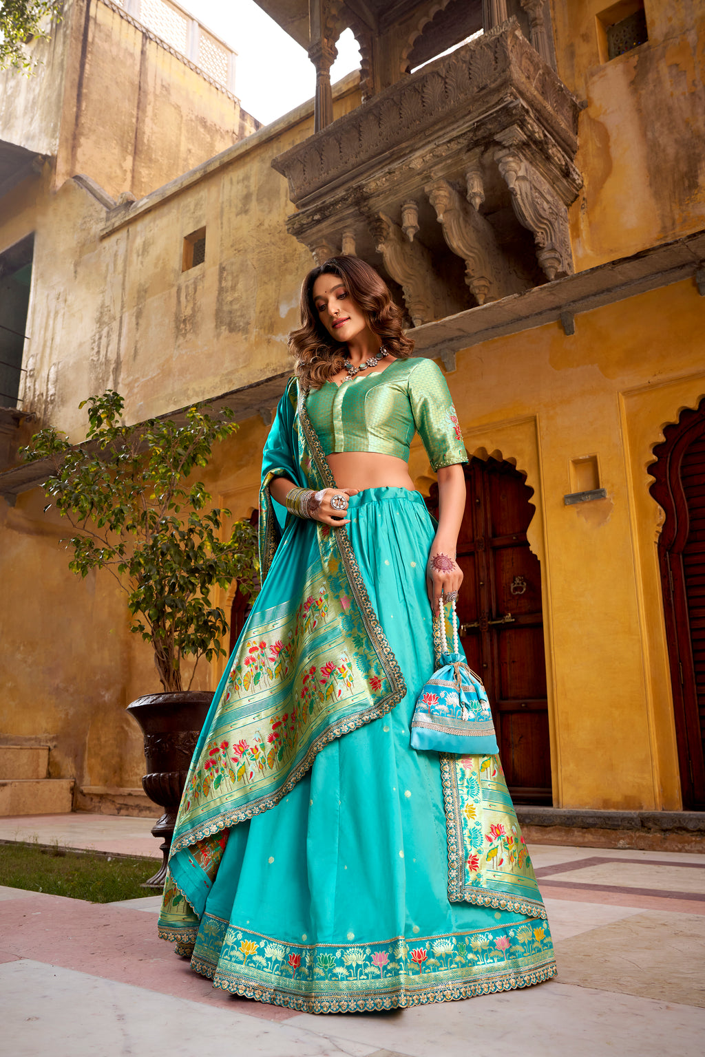 Hamsini Sky Blue Soft Silk with Zari Embroidered Work Paithani Lehenga Choli