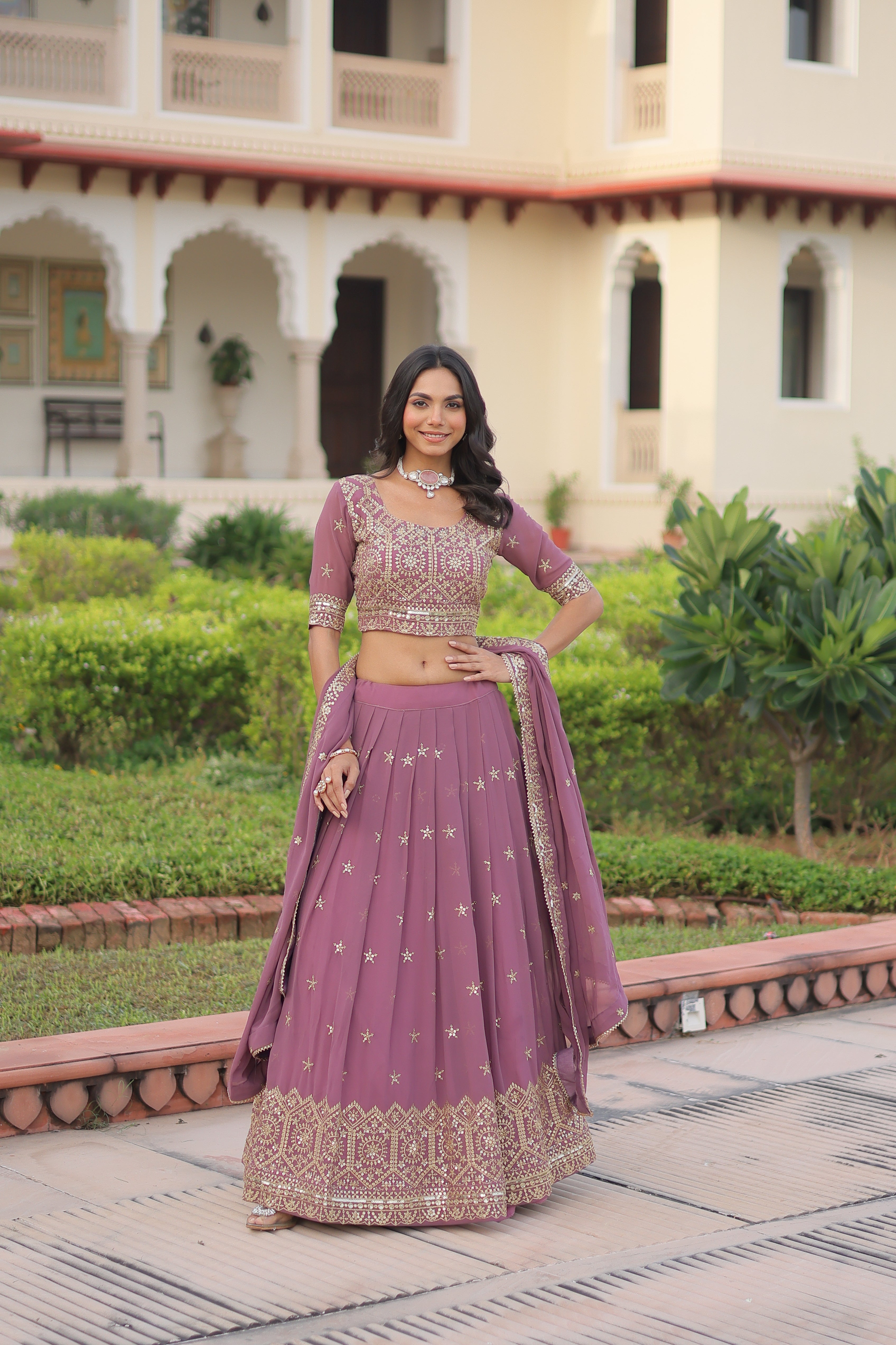 Invi Onion Pink Faux Georgette Sequins Zari Embroidered Lehenga Choli