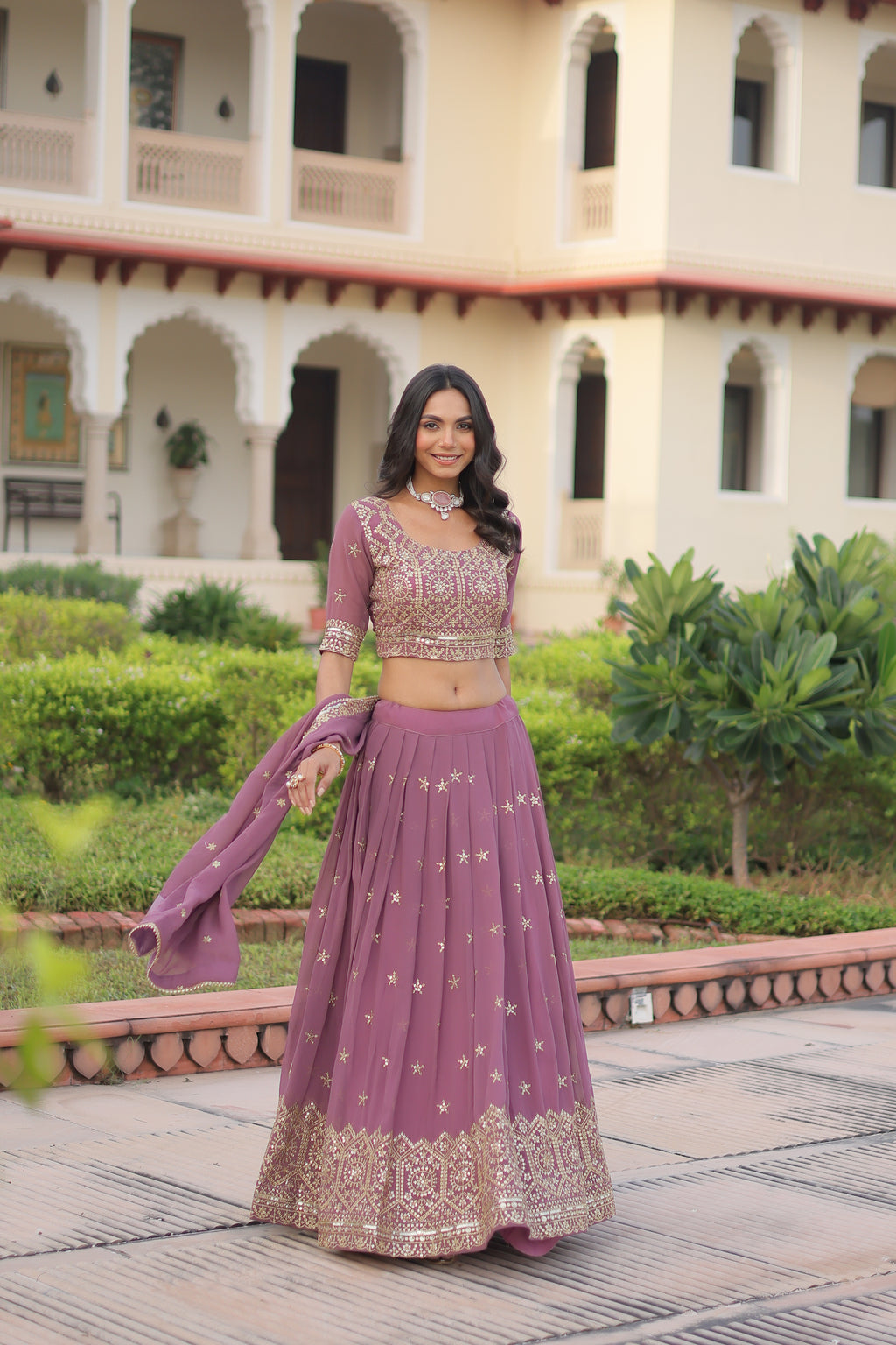 Invi Onion Pink Faux Georgette Sequins Zari Embroidered Lehenga Choli