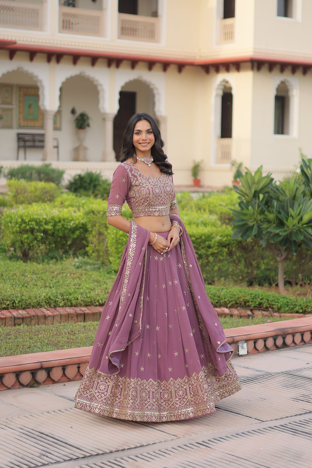 Invi Onion Pink Faux Georgette Sequins Zari Embroidered Lehenga Choli