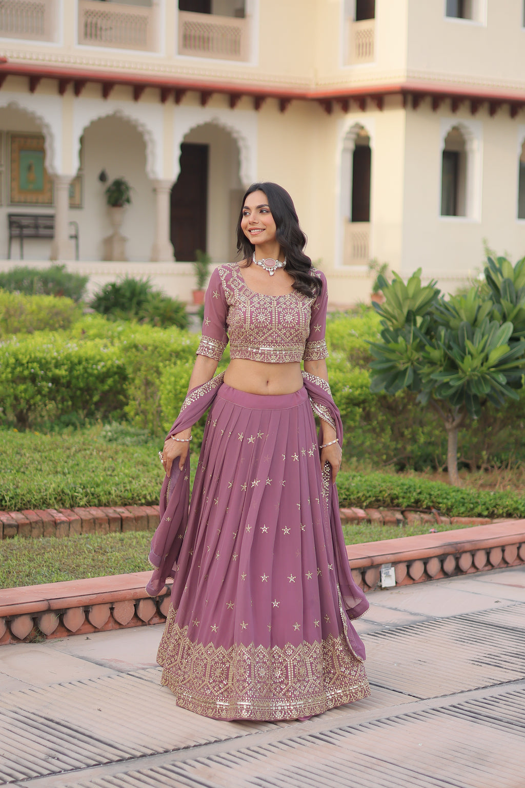 Invi Onion Pink Faux Georgette Sequins Zari Embroidered Lehenga Choli