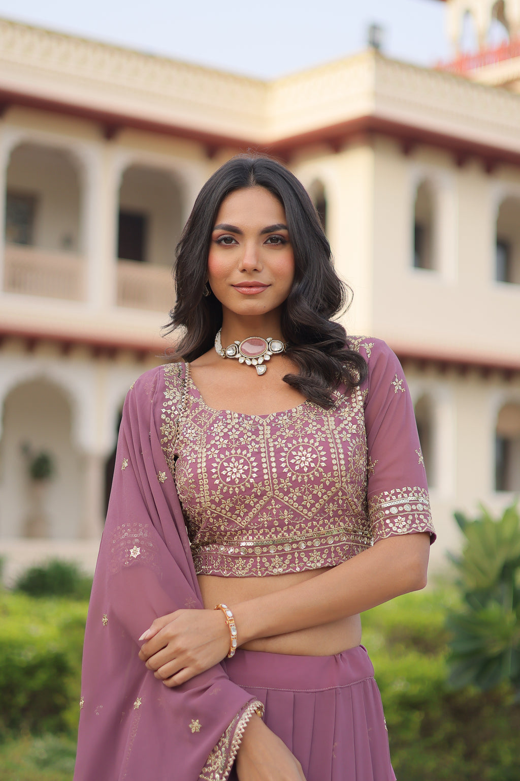 Invi Onion Pink Faux Georgette Sequins Zari Embroidered Lehenga Choli