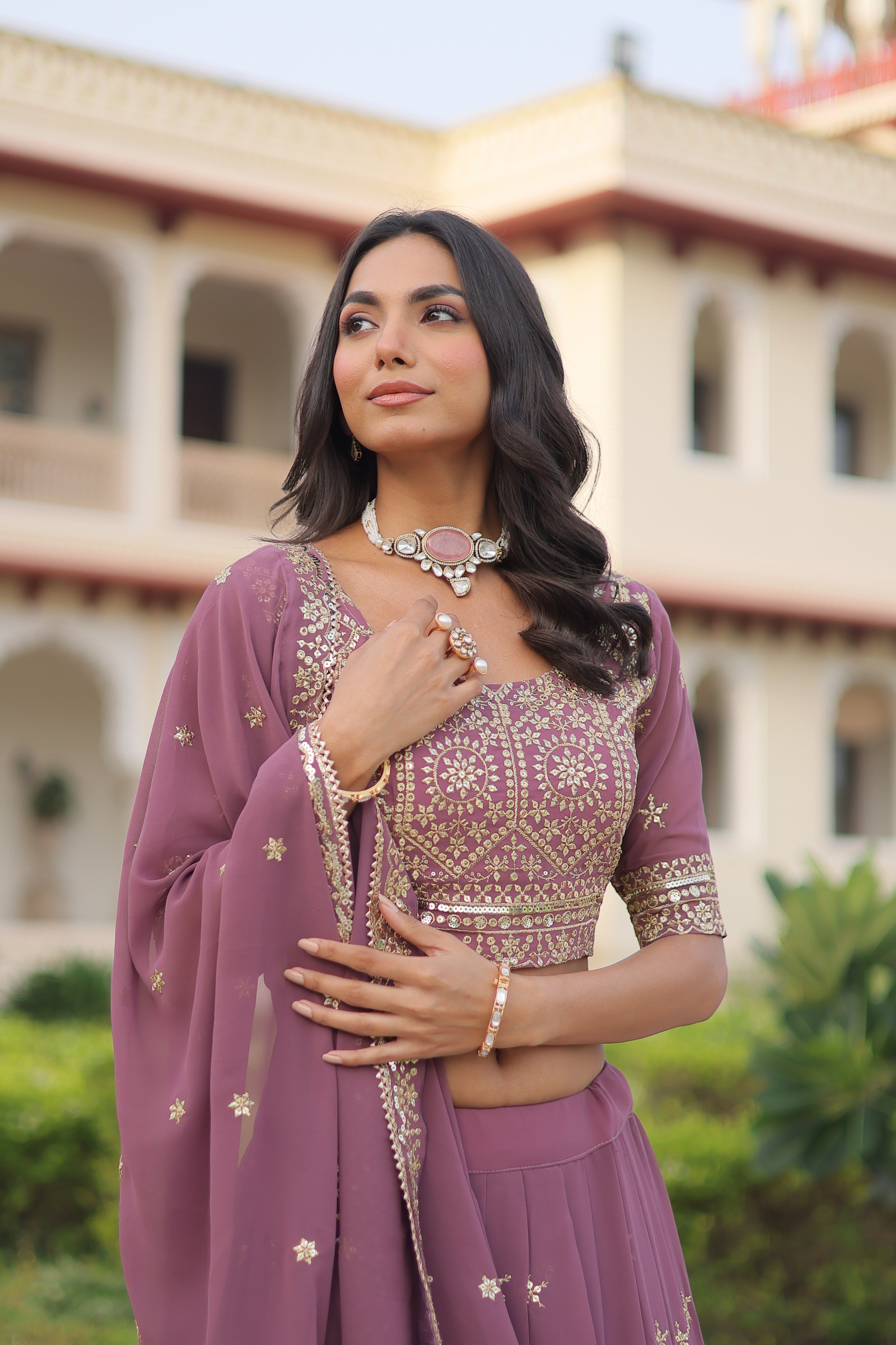 Invi Onion Pink Faux Georgette Sequins Zari Embroidered Lehenga Choli