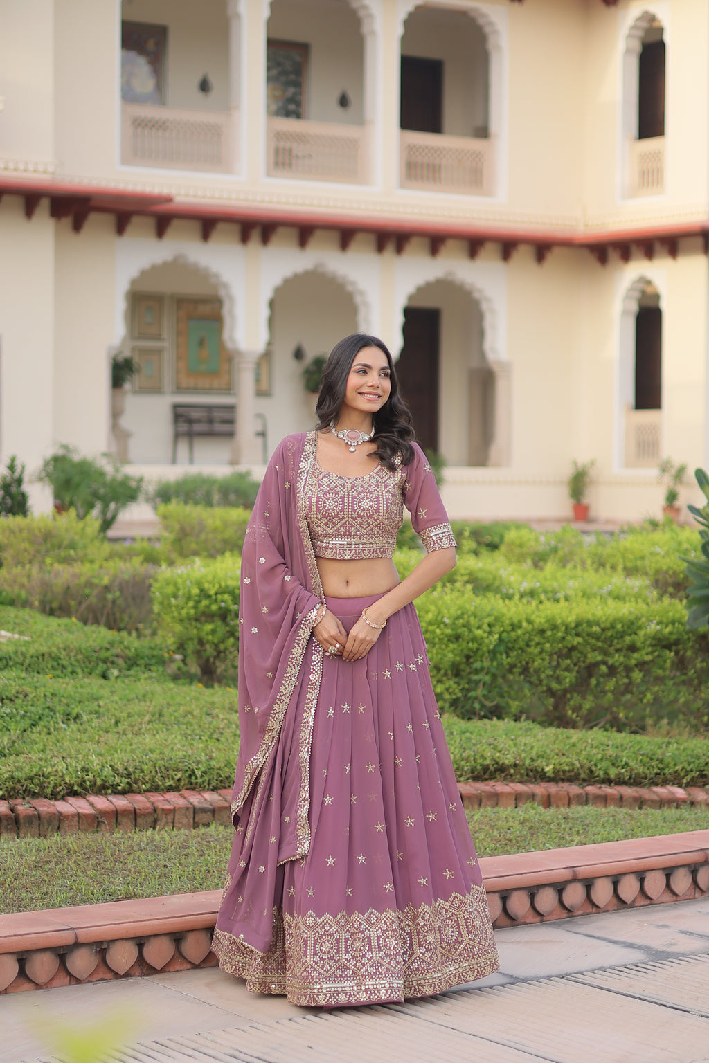 Invi Onion Pink Faux Georgette Sequins Zari Embroidered Lehenga Choli