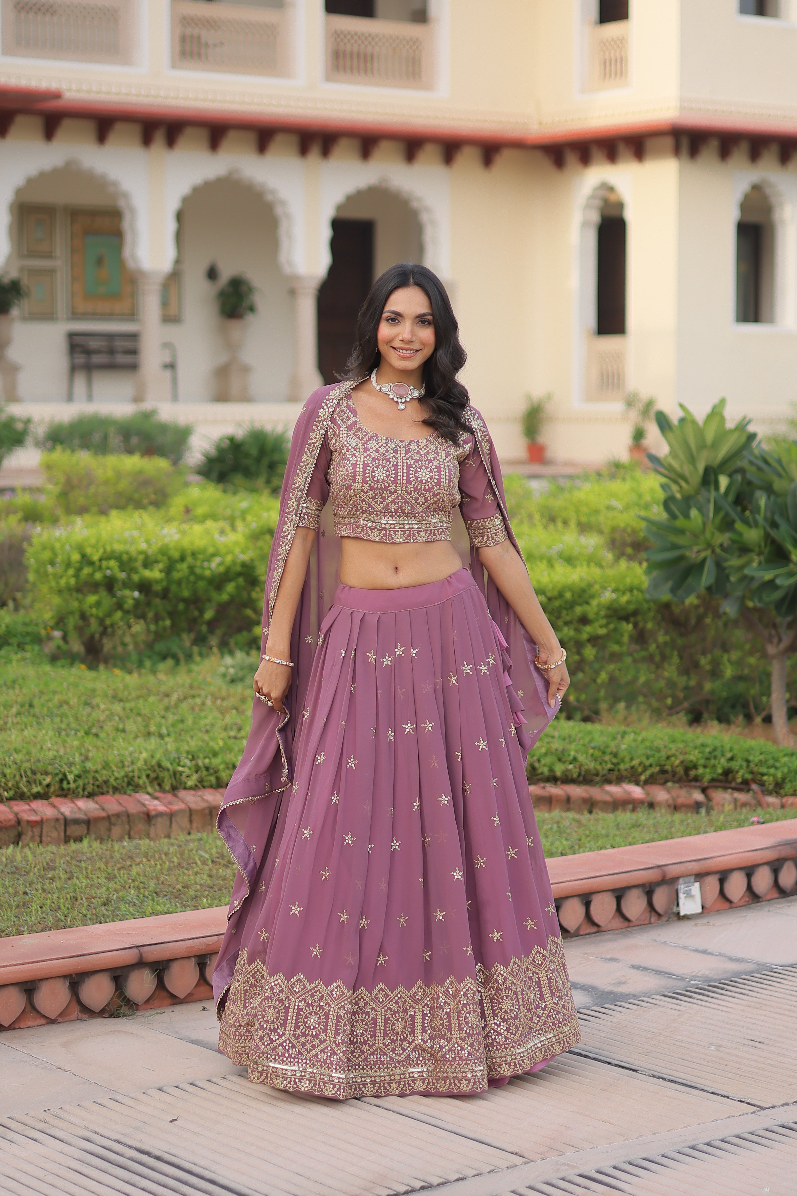 Invi Onion Pink Faux Georgette Sequins Zari Embroidered Lehenga Choli