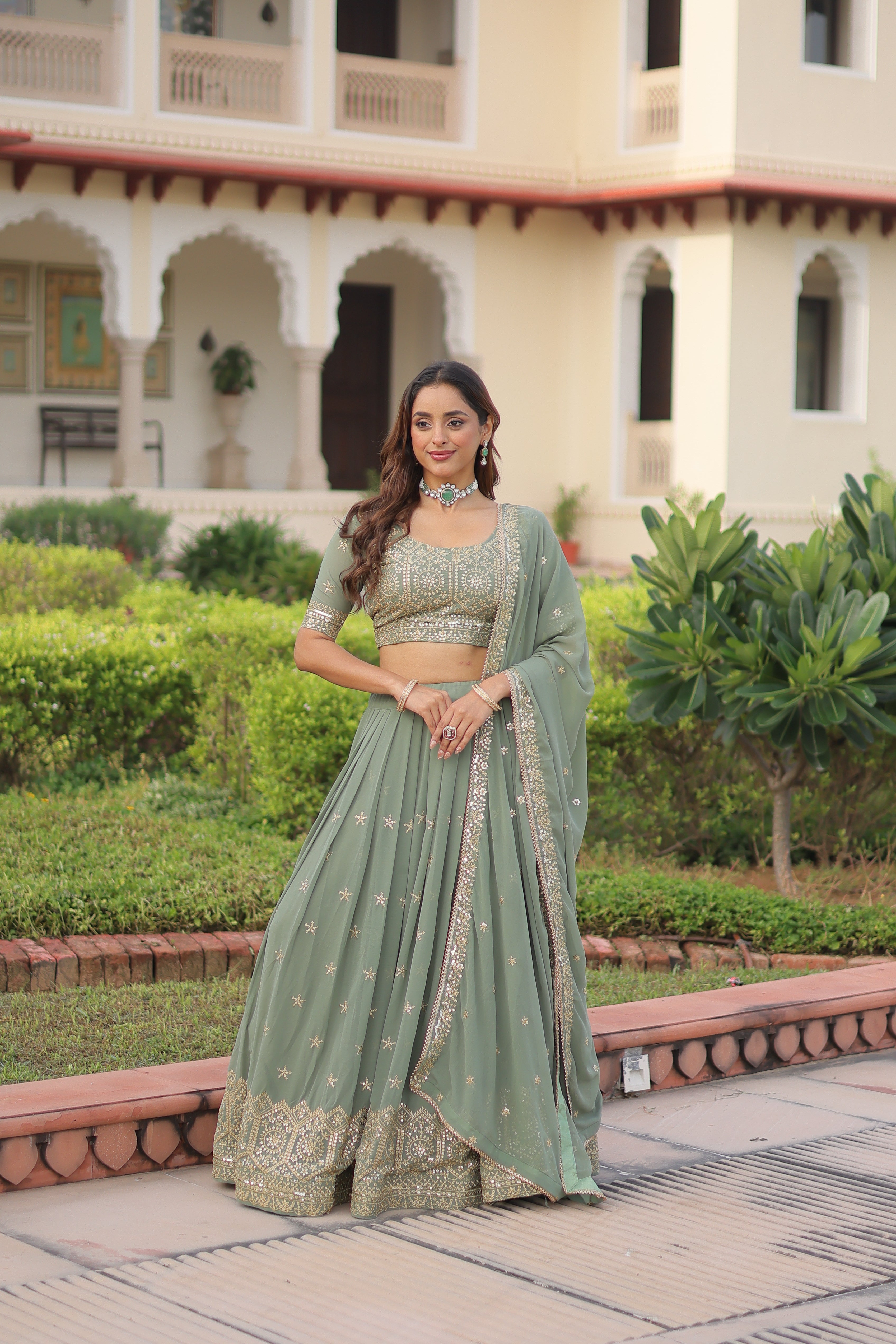 Invi Pista Green Faux Georgette Sequins Zari Embroidered Lehenga Choli