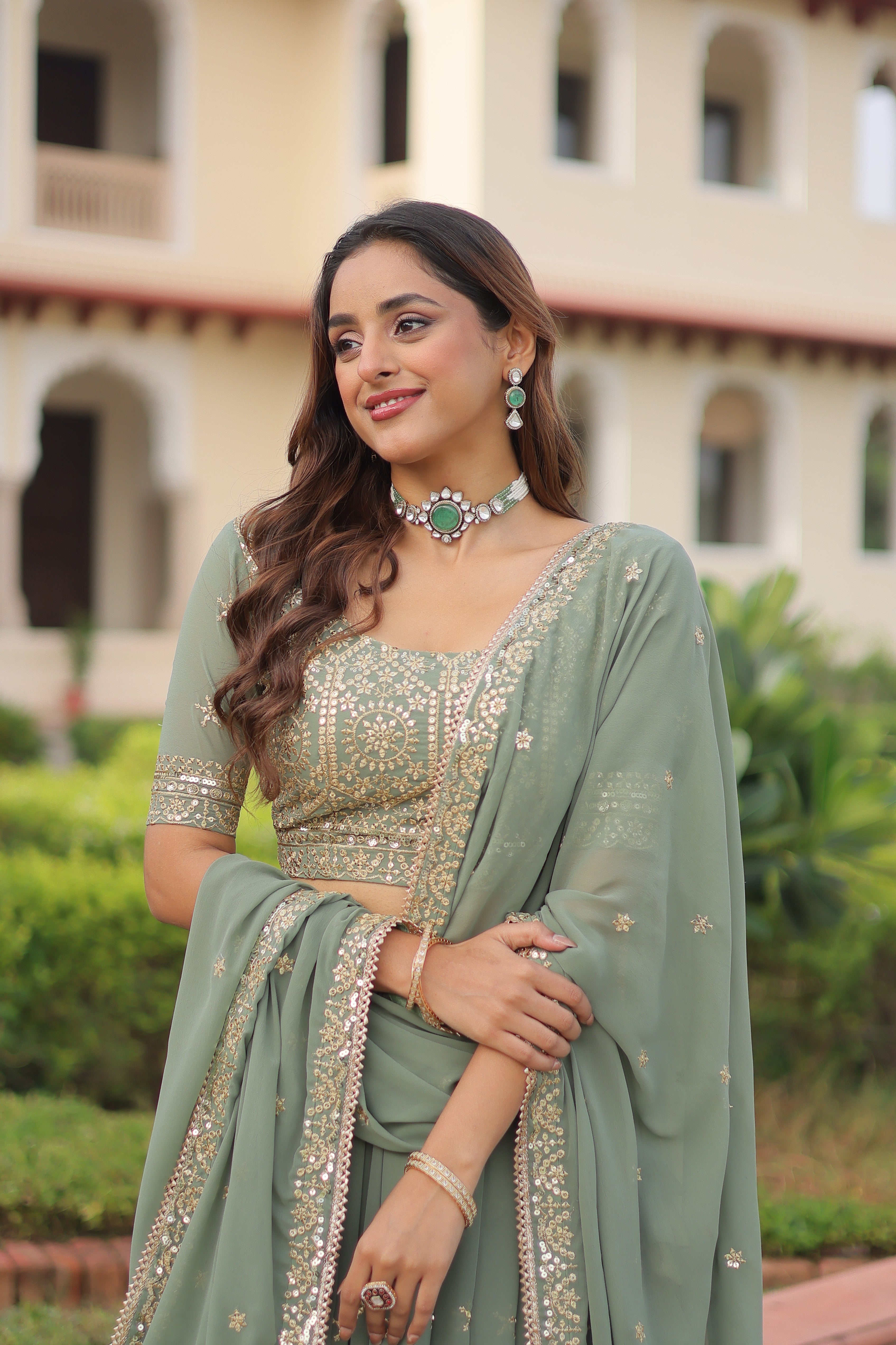 Invi Pista Green Faux Georgette Sequins Zari Embroidered Lehenga Choli