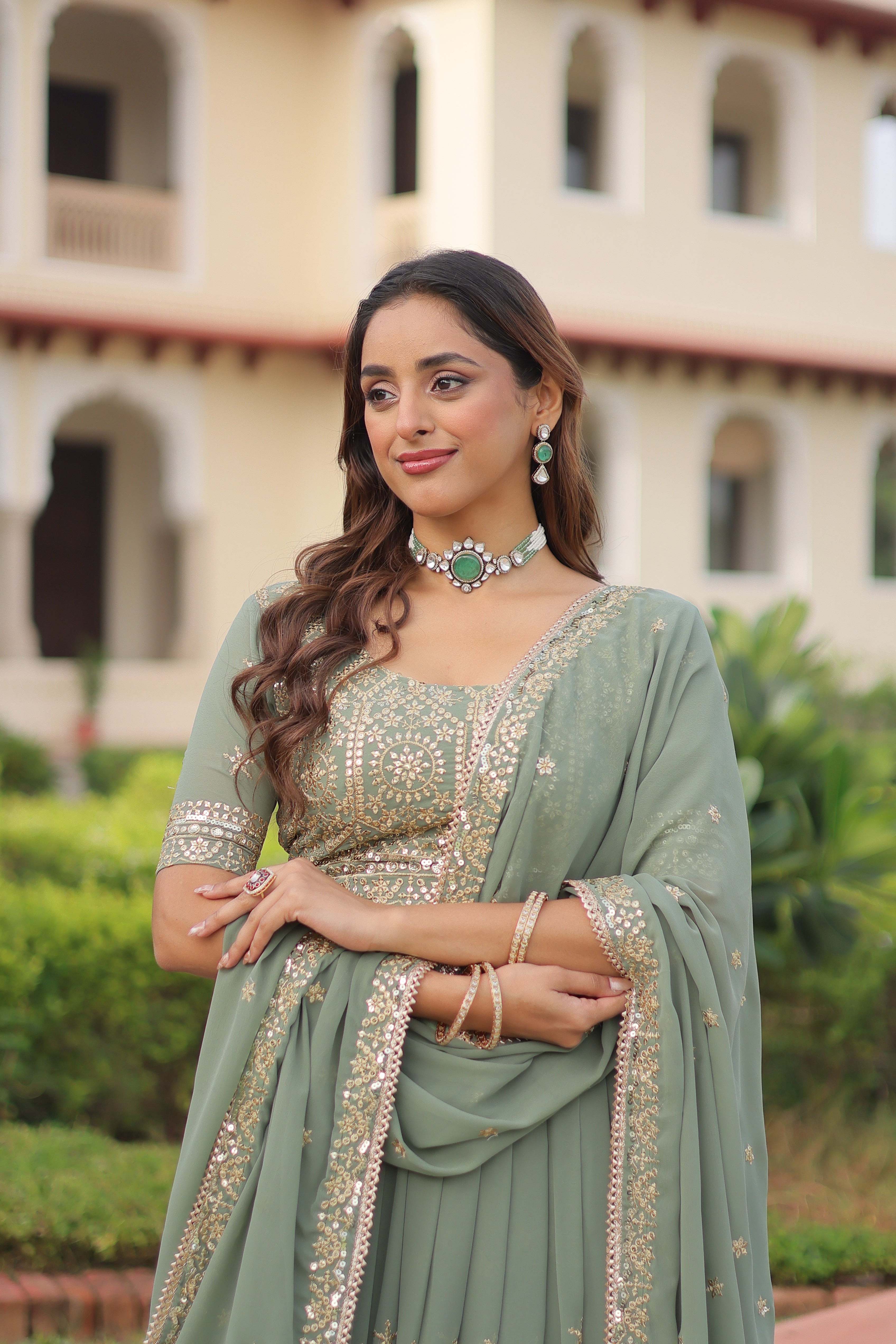 Invi Pista Green Faux Georgette Sequins Zari Embroidered Lehenga Choli