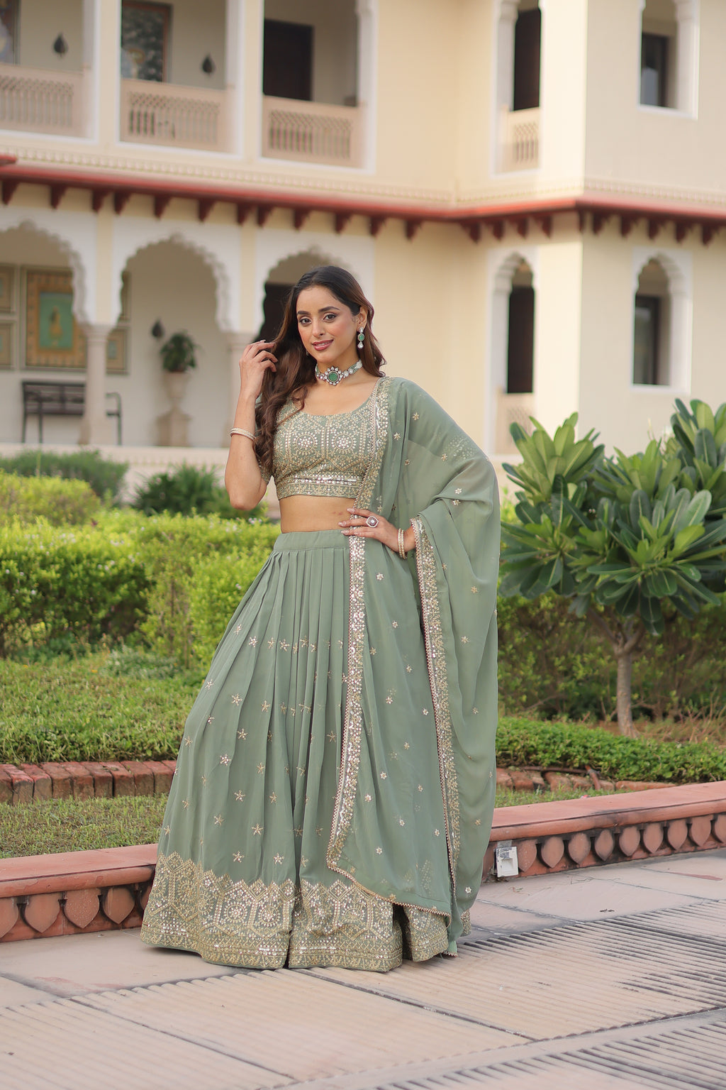 Invi Pista Green Faux Georgette Sequins Zari Embroidered Lehenga Choli
