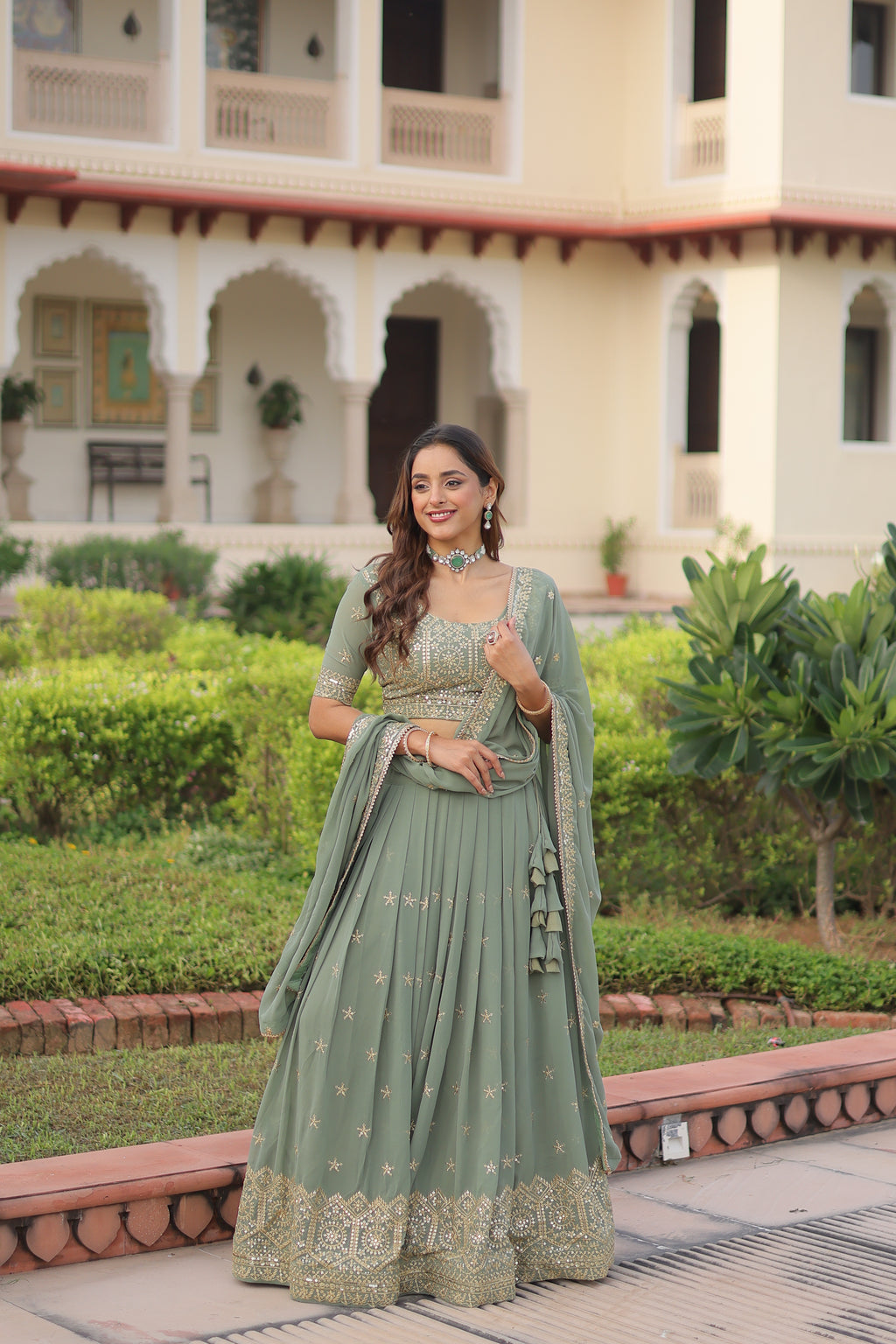 Invi Pista Green Faux Georgette Sequins Zari Embroidered Lehenga Choli