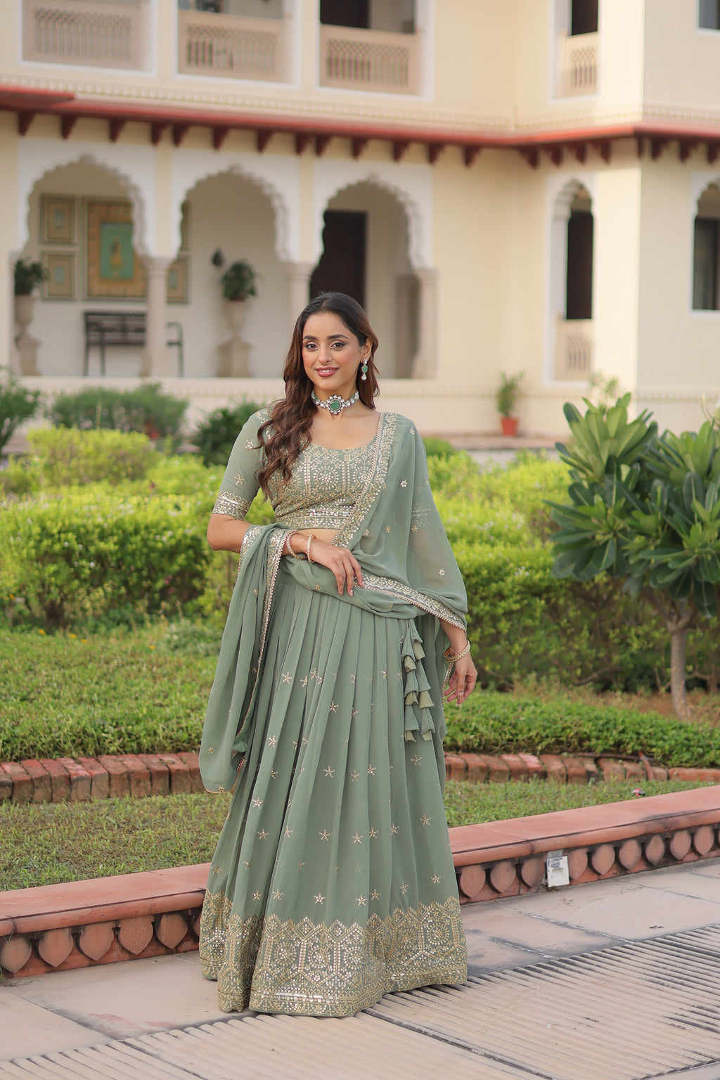 Invi Pista Green Faux Georgette Sequins Zari Embroidered Lehenga Choli