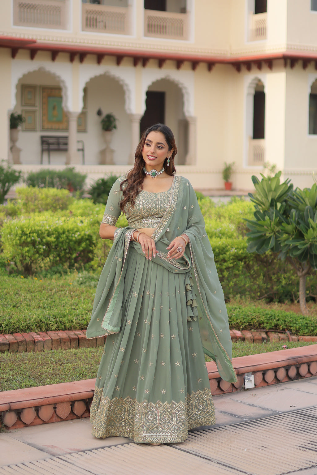 Invi Pista Green Faux Georgette Sequins Zari Embroidered Lehenga Choli