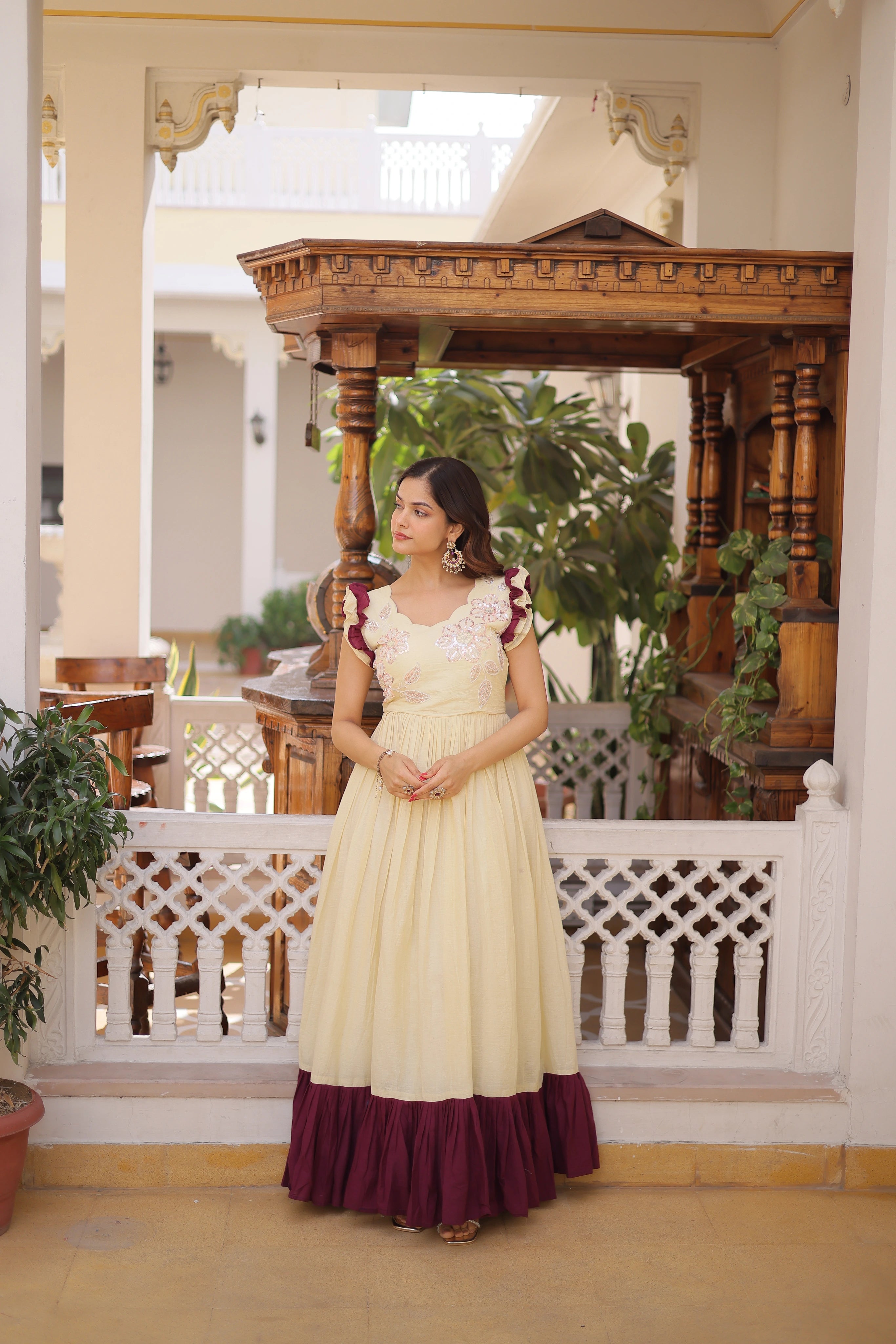 Ivisha Cream Color Cotton Sequins Multithreaded Beads Embroidered Work Gown