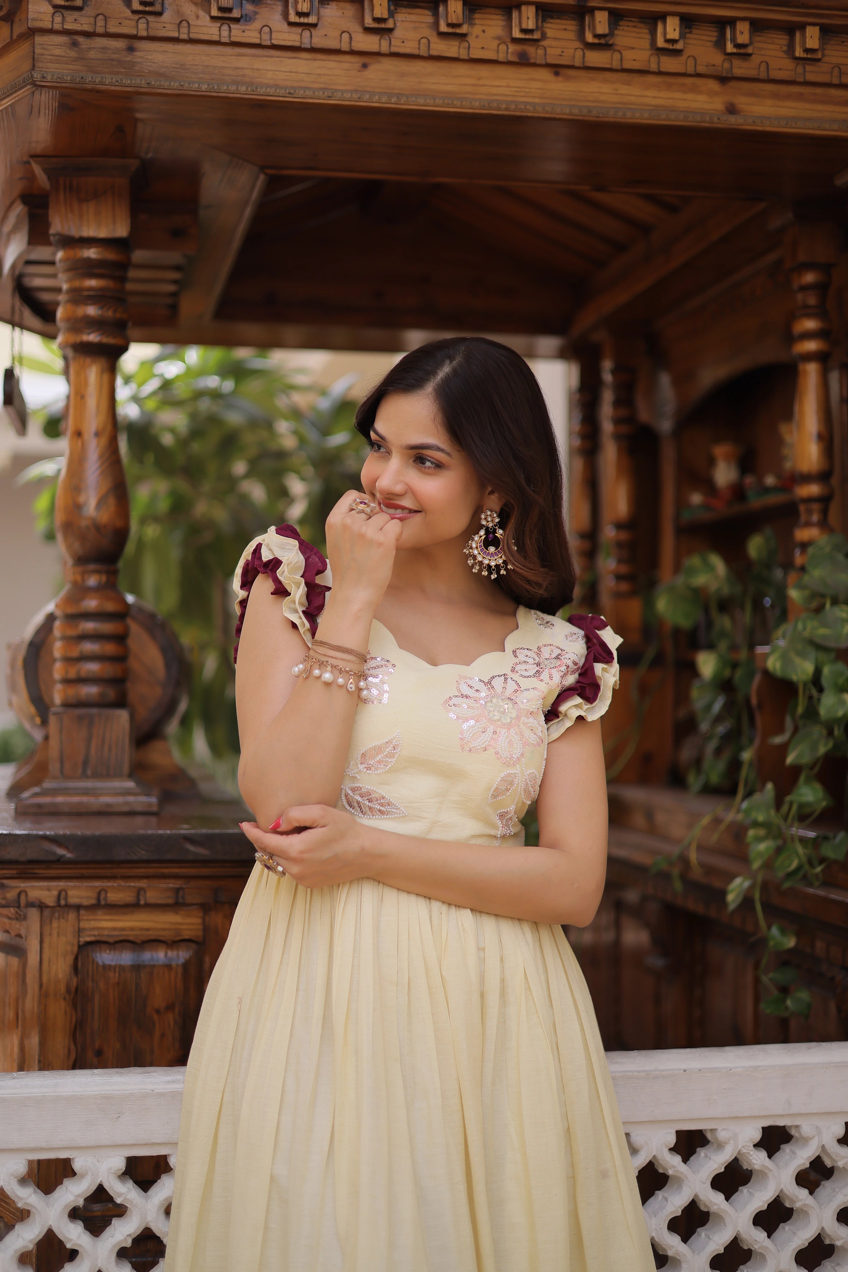 Ivisha Cream Color Cotton Sequins Multithreaded Beads Embroidered Work Gown