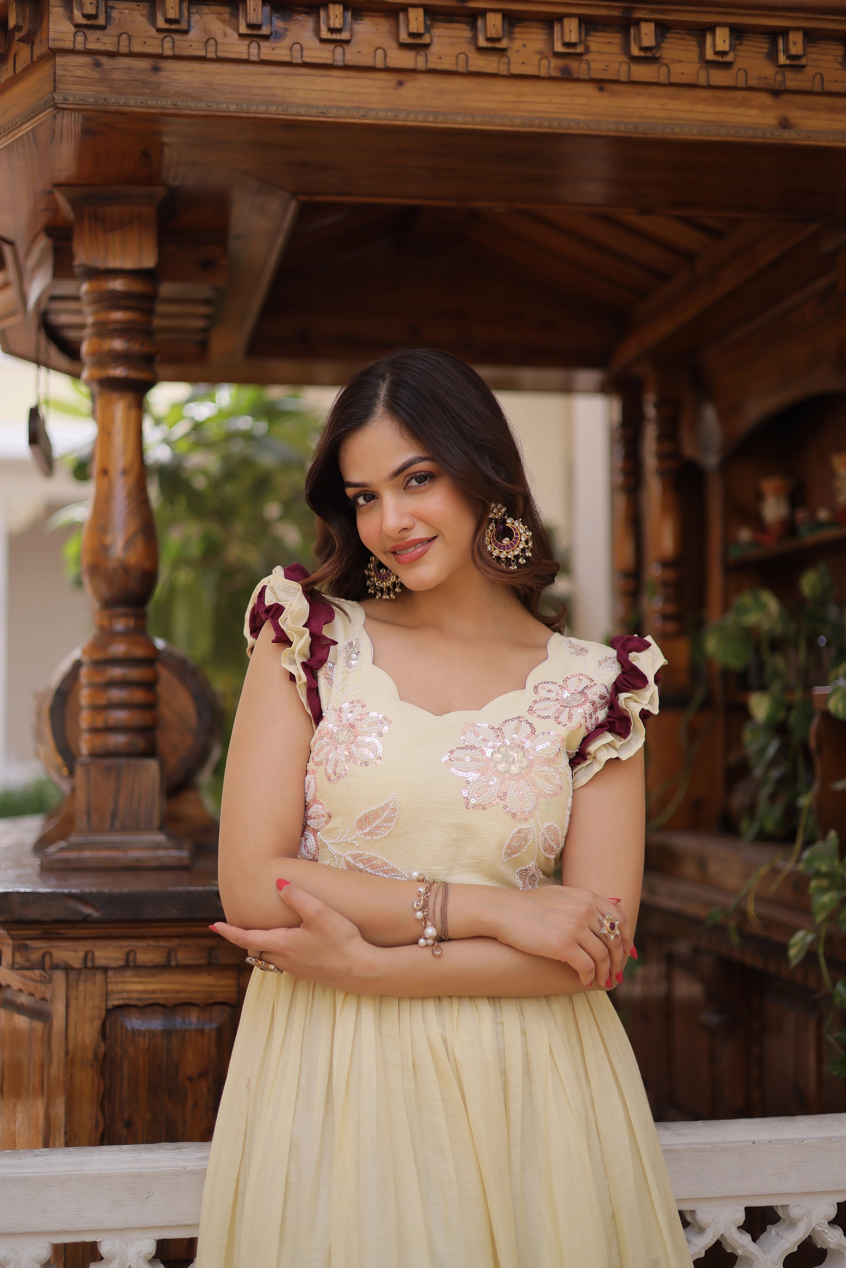 Ivisha Cream Color Cotton Sequins Multithreaded Beads Embroidered Work Gown