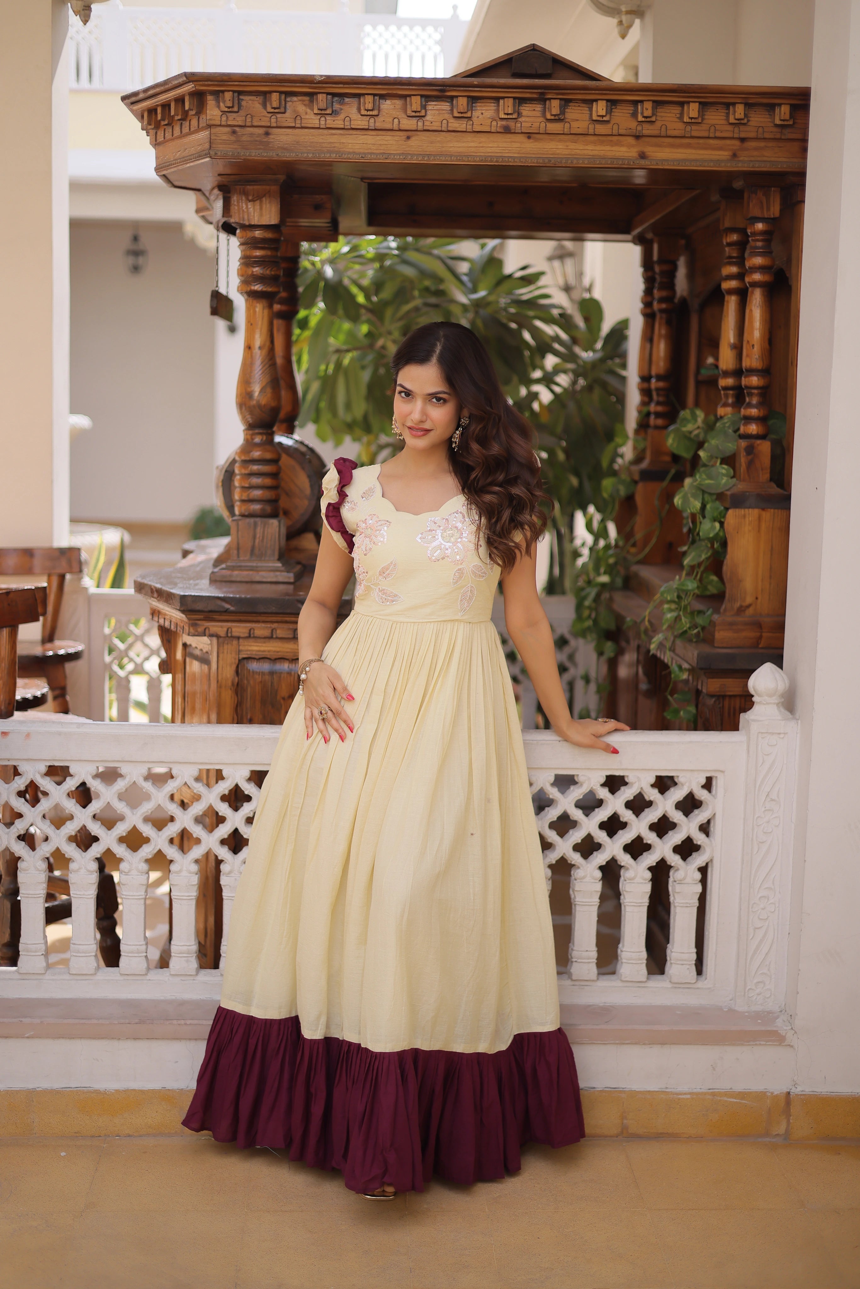 Ivisha Cream Color Cotton Sequins Multithreaded Beads Embroidered Work Gown