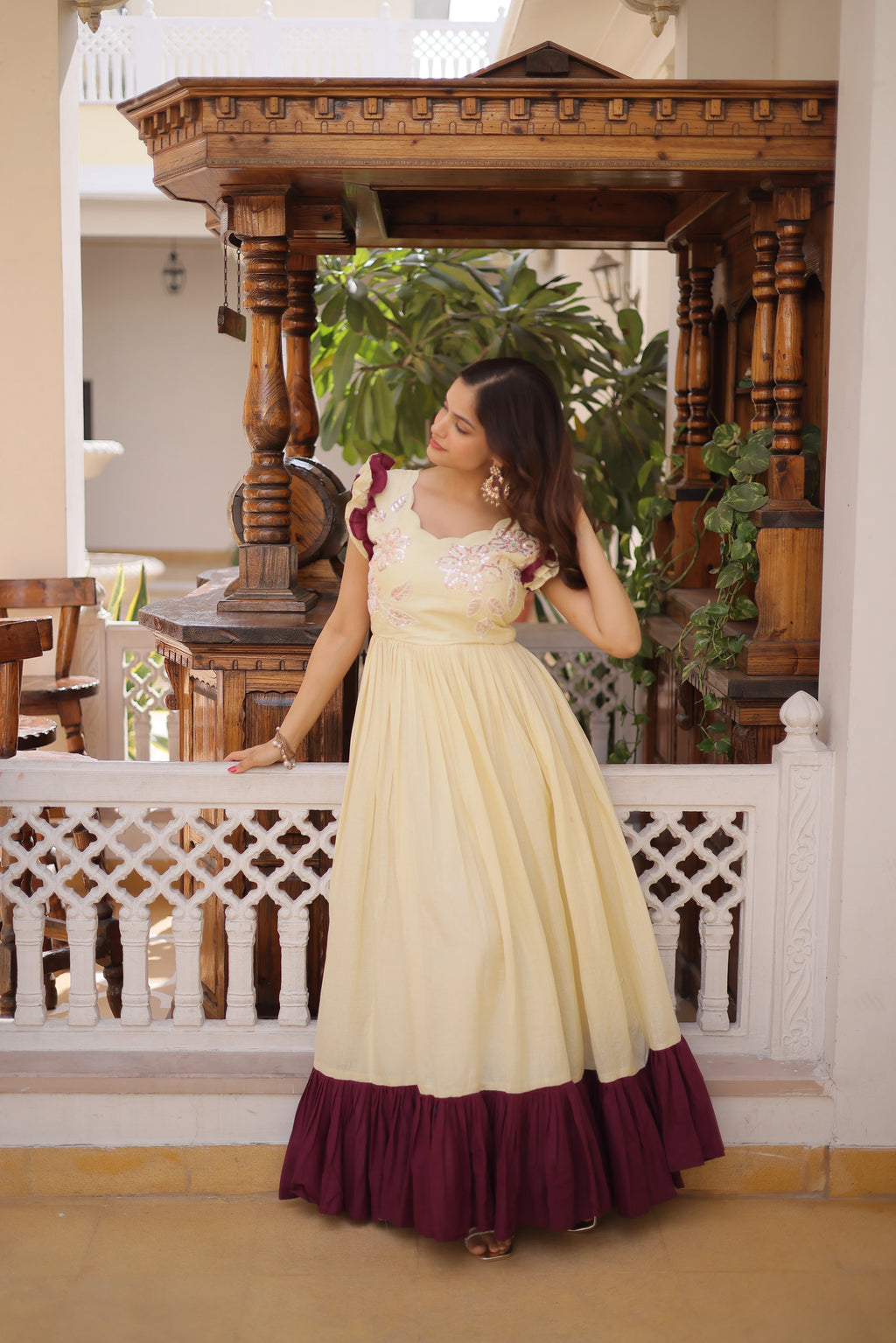 Ivisha Cream Color Cotton Sequins Multithreaded Beads Embroidered Work Gown