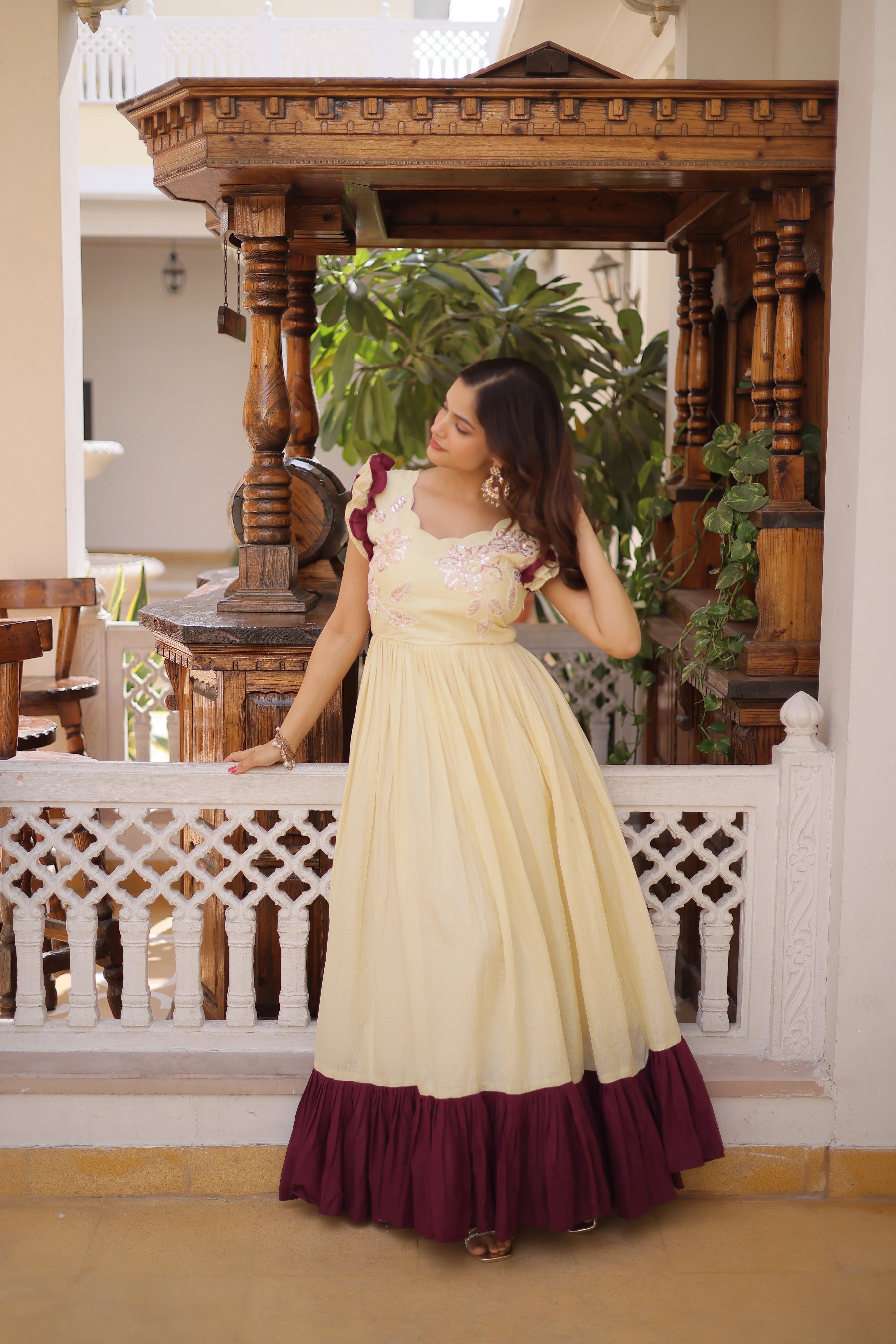 Ivisha Cream Color Cotton Sequins Multithreaded Beads Embroidered Work Gown