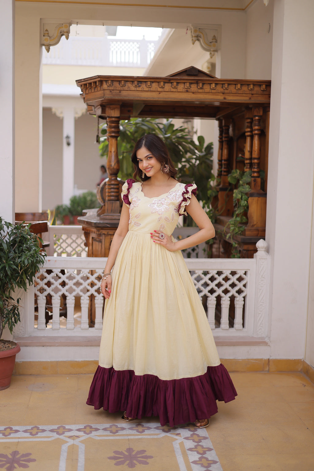 Ivisha Cream Color Cotton Sequins Multithreaded Beads Embroidered Work Gown