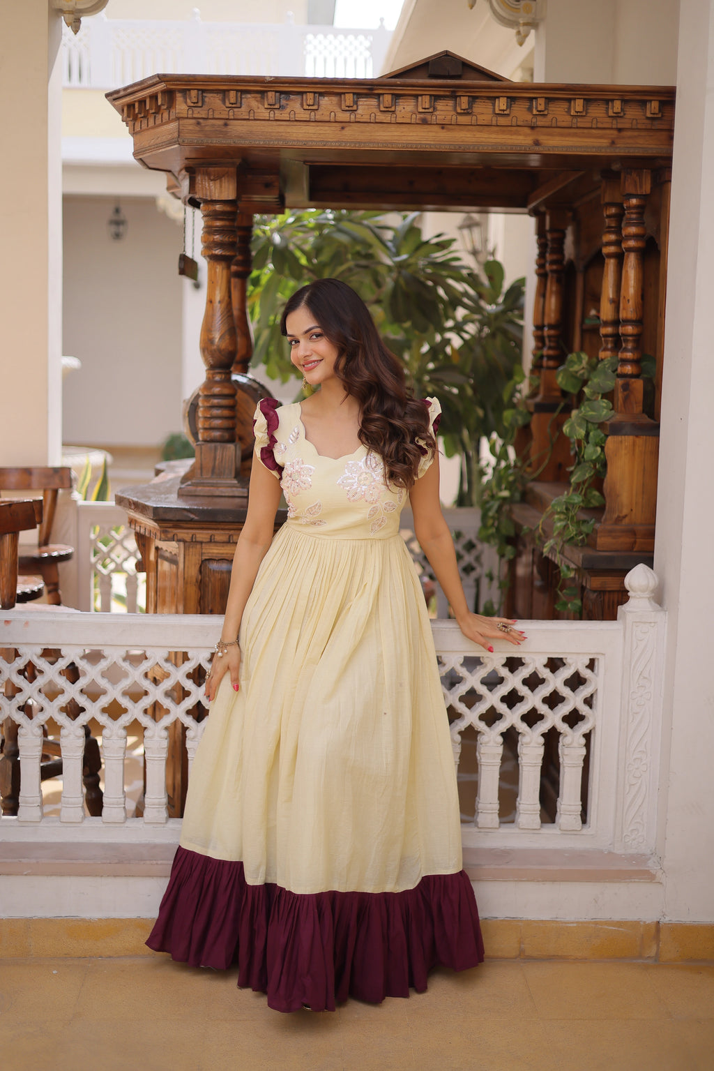 Ivisha Cream Color Cotton Sequins Multithreaded Beads Embroidered Work Gown