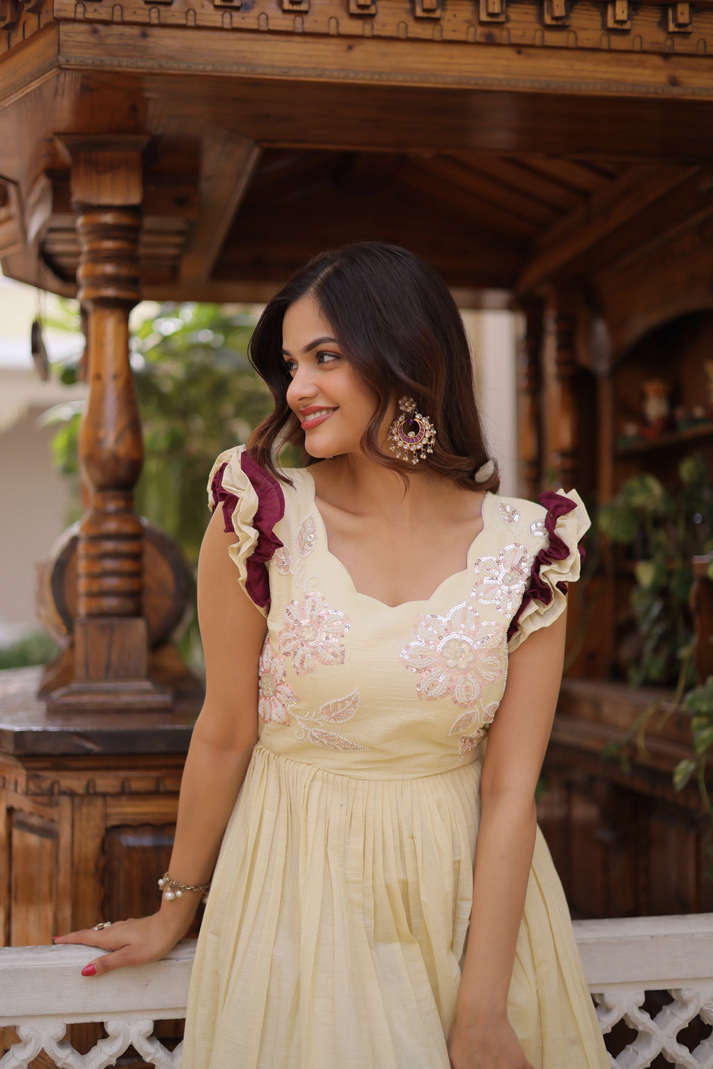 Ivisha Cream Color Cotton Sequins Multithreaded Beads Embroidered Work Gown