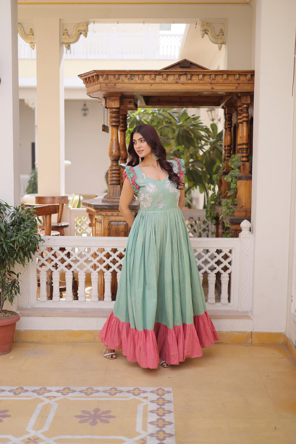 Ivisha Pastel Color Cotton Sequins Multithreaded Beads Embroidered Work Gown