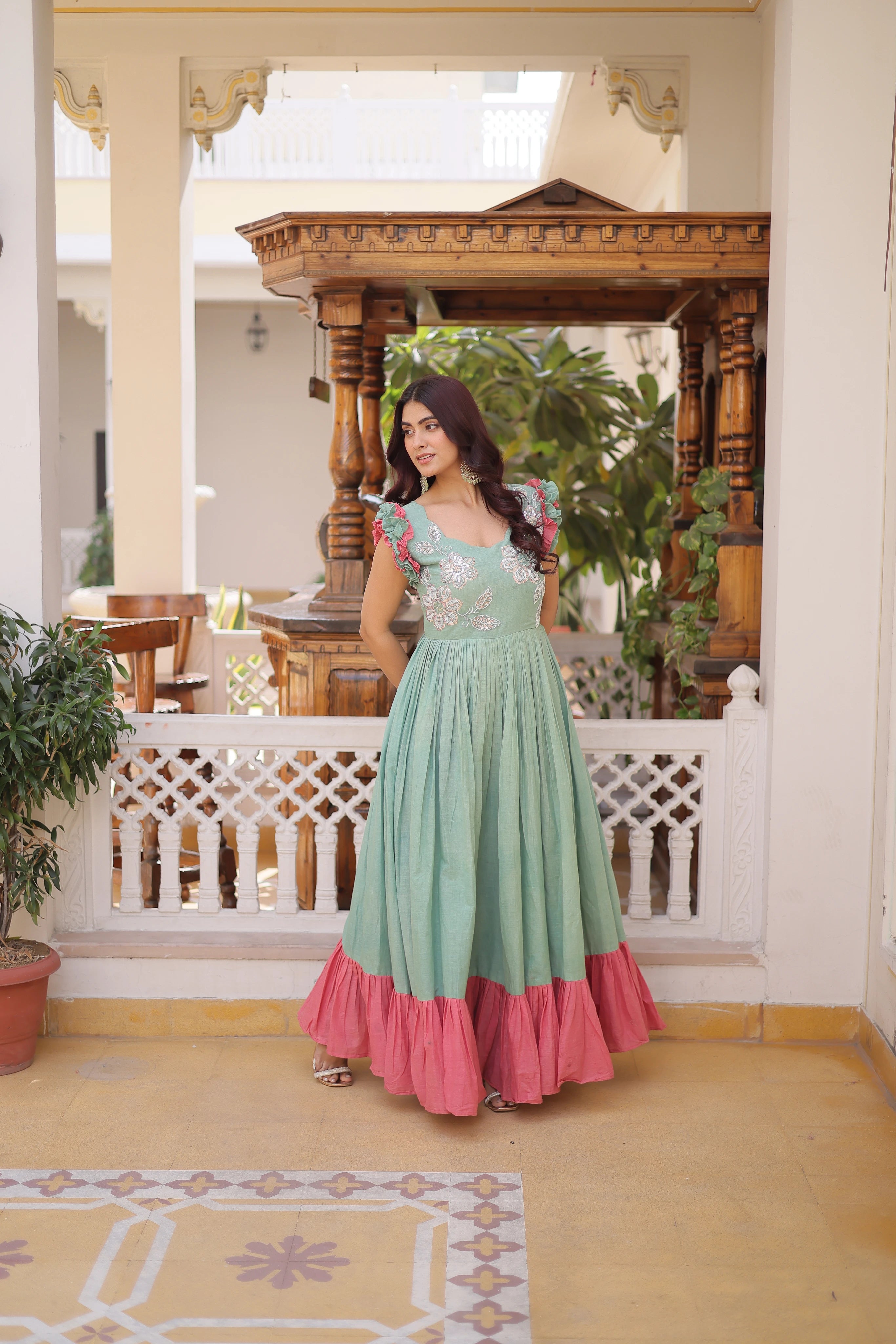 Ivisha Pastel Color Cotton Sequins Multithreaded Beads Embroidered Work Gown
