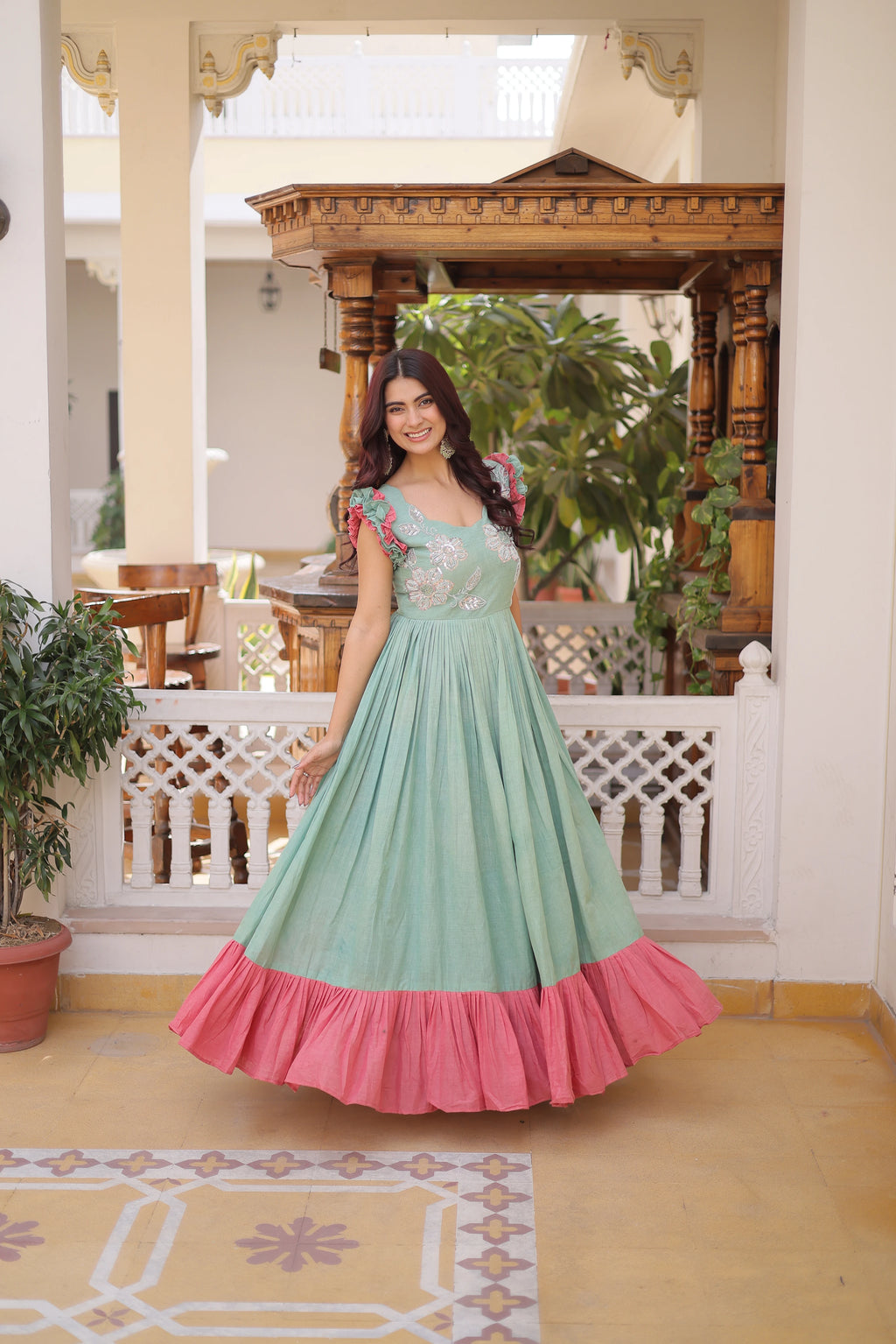 Ivisha Pastel Color Cotton Sequins Multithreaded Beads Embroidered Work Gown