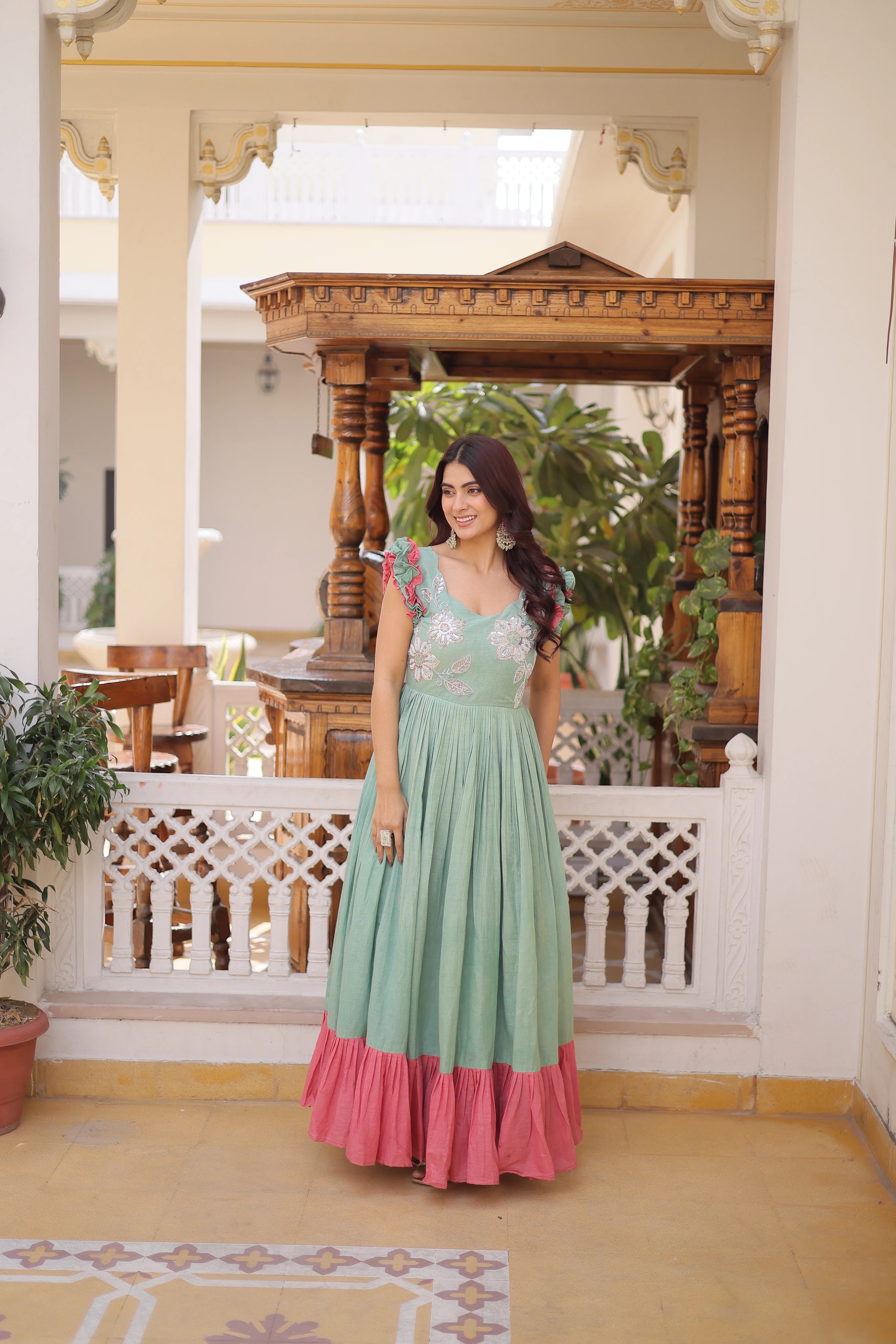 Ivisha Pastel Color Cotton Sequins Multithreaded Beads Embroidered Work Gown