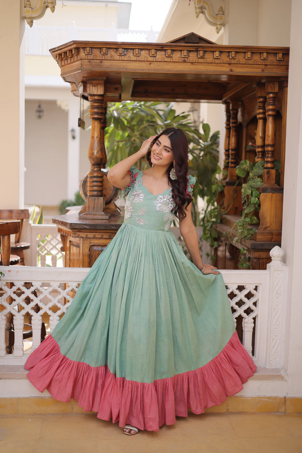 Ivisha Pastel Color Cotton Sequins Multithreaded Beads Embroidered Work Gown