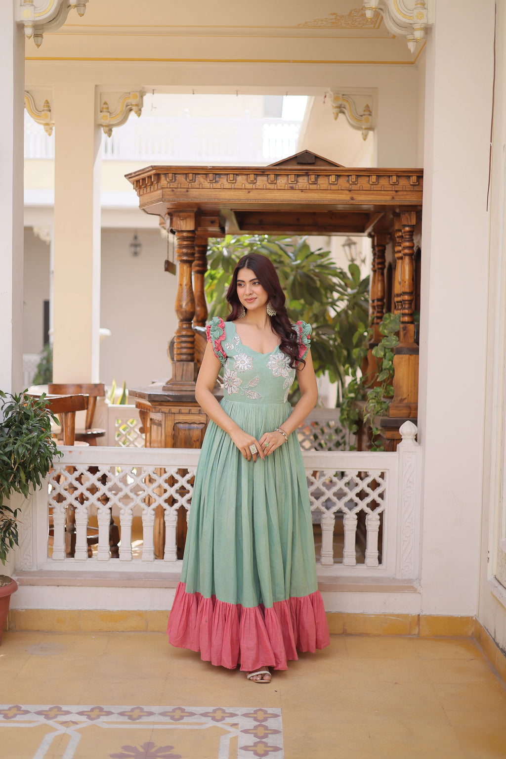 Ivisha Pastel Color Cotton Sequins Multithreaded Beads Embroidered Work Gown