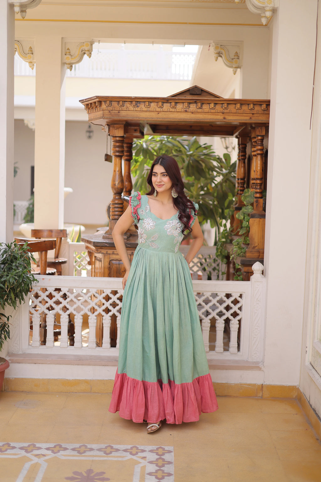 Ivisha Pastel Color Cotton Sequins Multithreaded Beads Embroidered Work Gown
