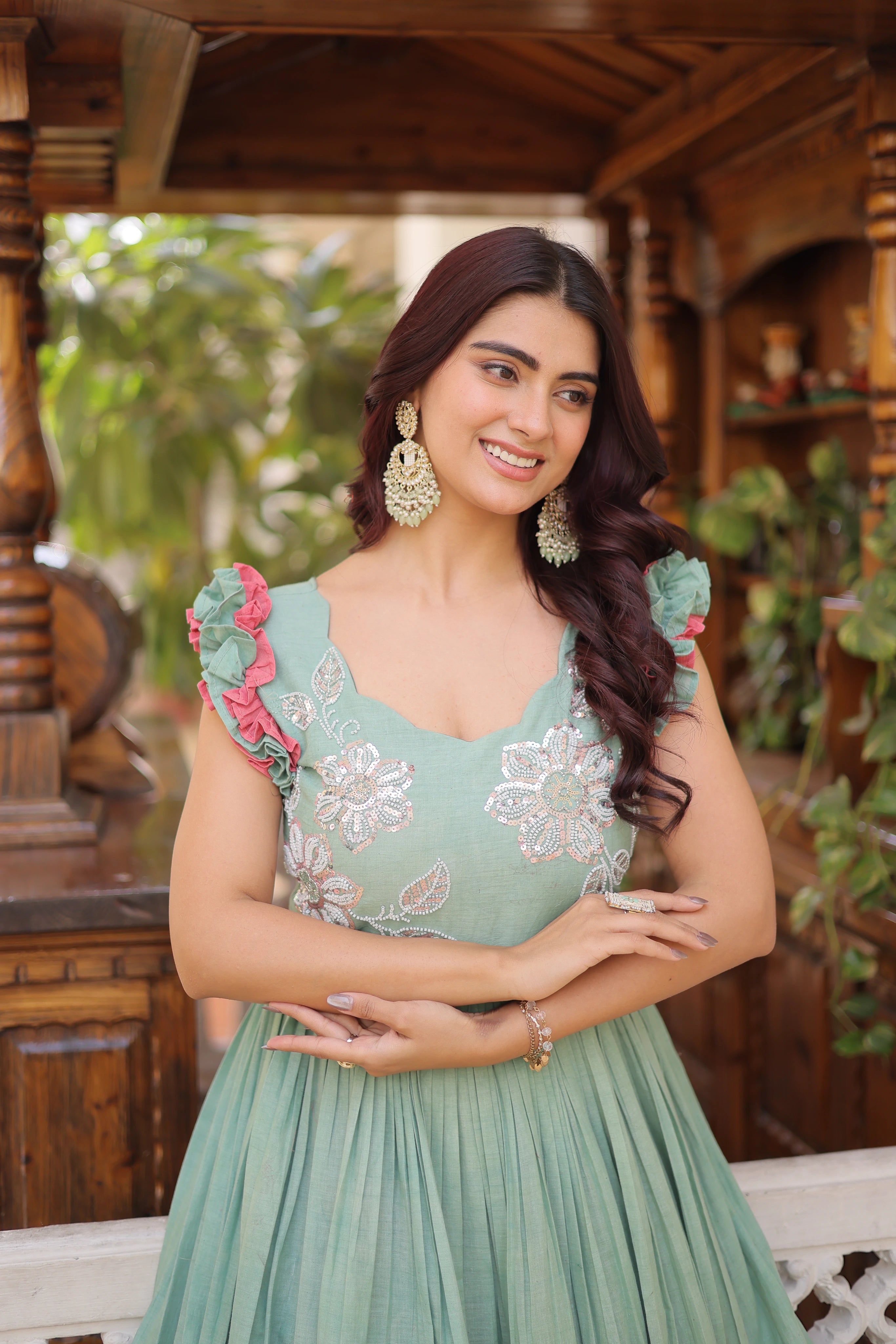 Ivisha Pastel Color Cotton Sequins Multithreaded Beads Embroidered Work Gown