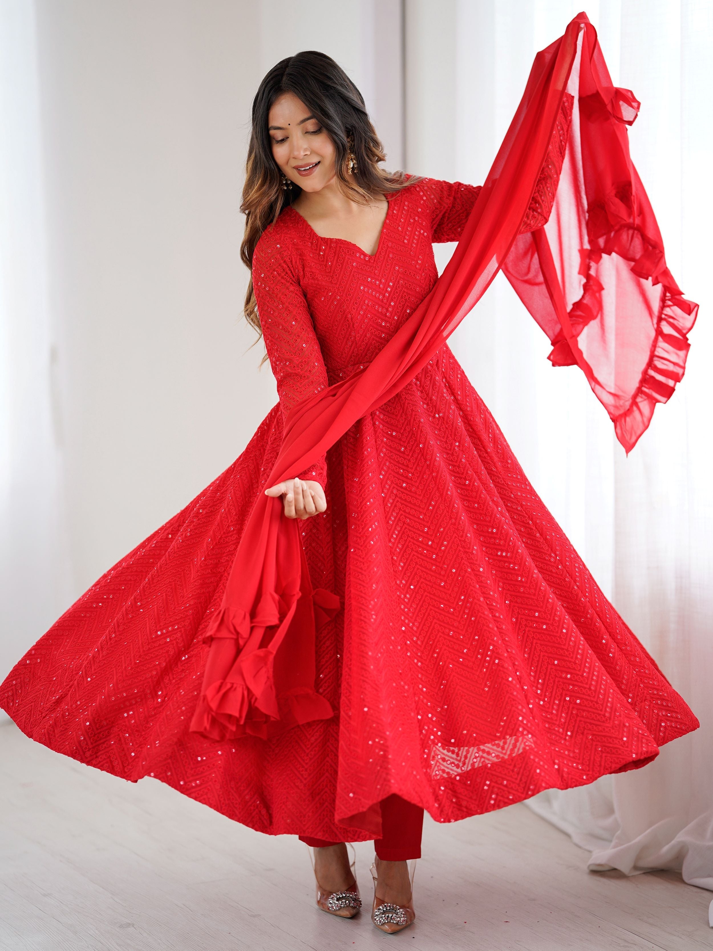 Jyotika Red Colour Party Wear Anarkali Suit Set M Jyotika Red Colour Party Wear Anarkali Suit Set M