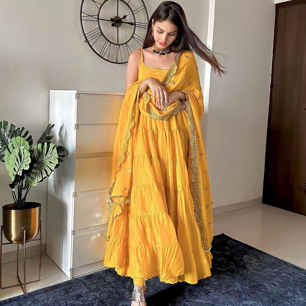 Devayani yellow georgette anarkali gown set