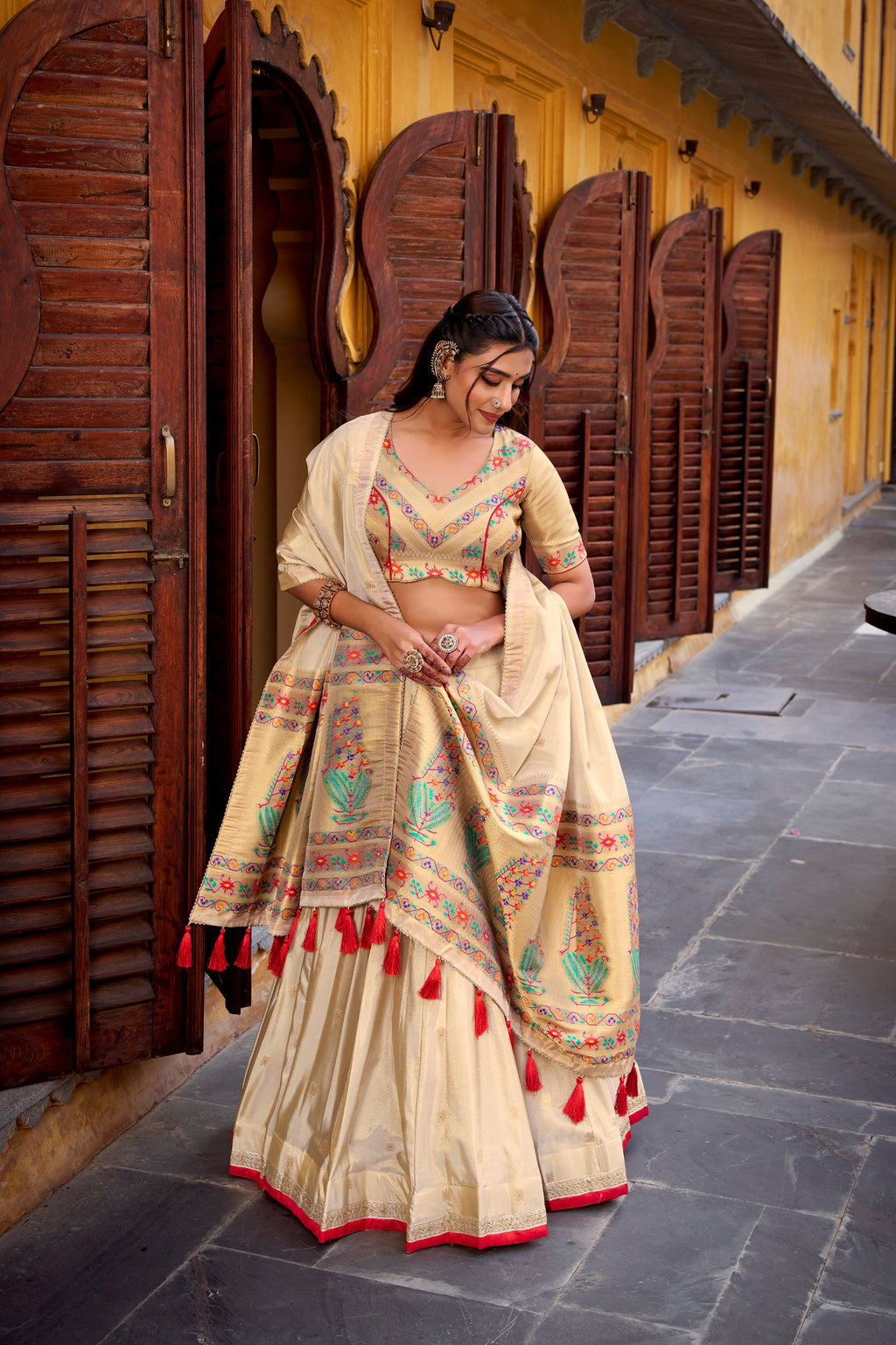 Kalyani cream shimmer paithani zari weaving red border lehenga choli set