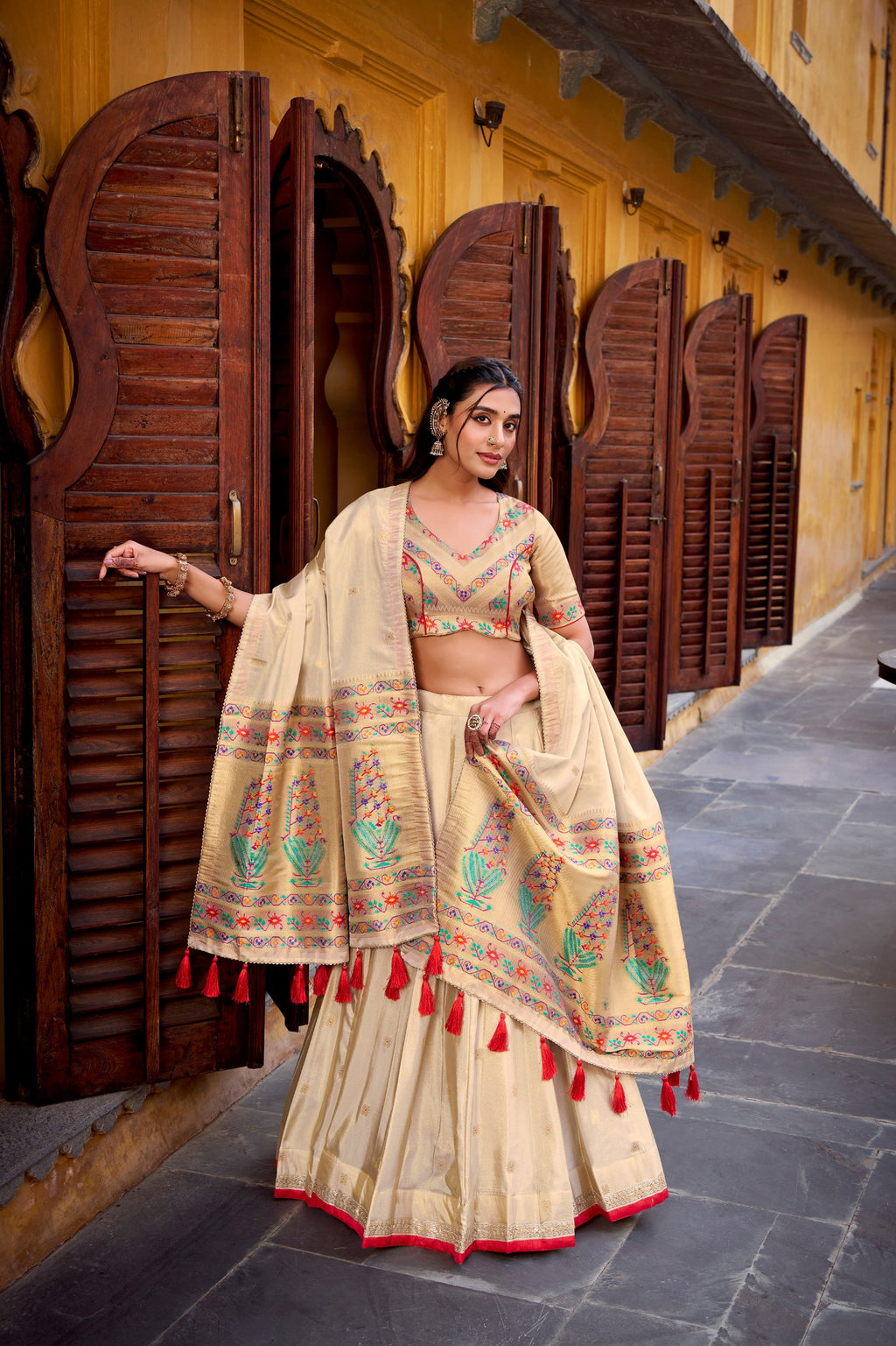 Kalyani cream shimmer paithani zari weaving red border lehenga choli set