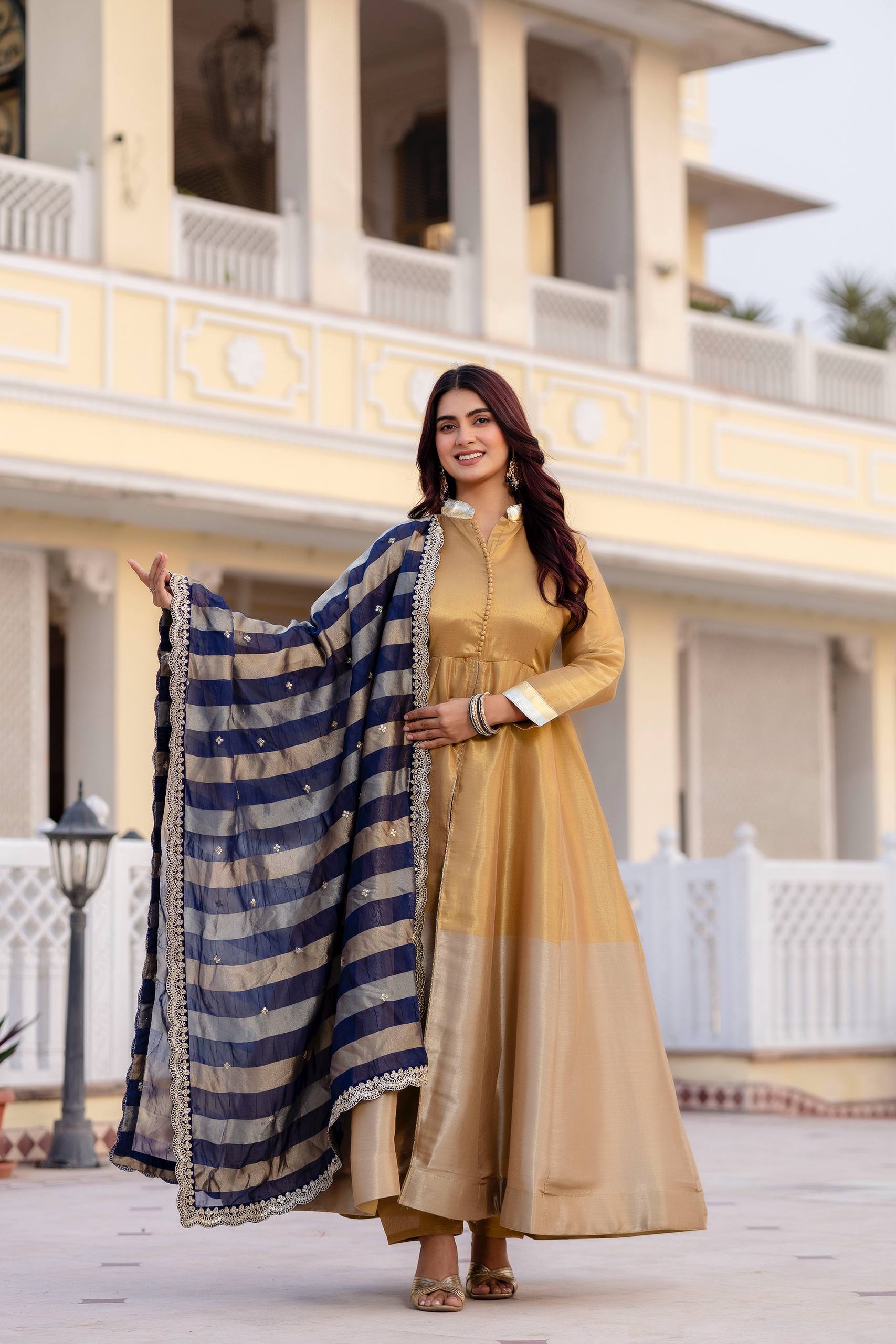 Kasumbi dark golden pure banarasi viscose anarkali suit set